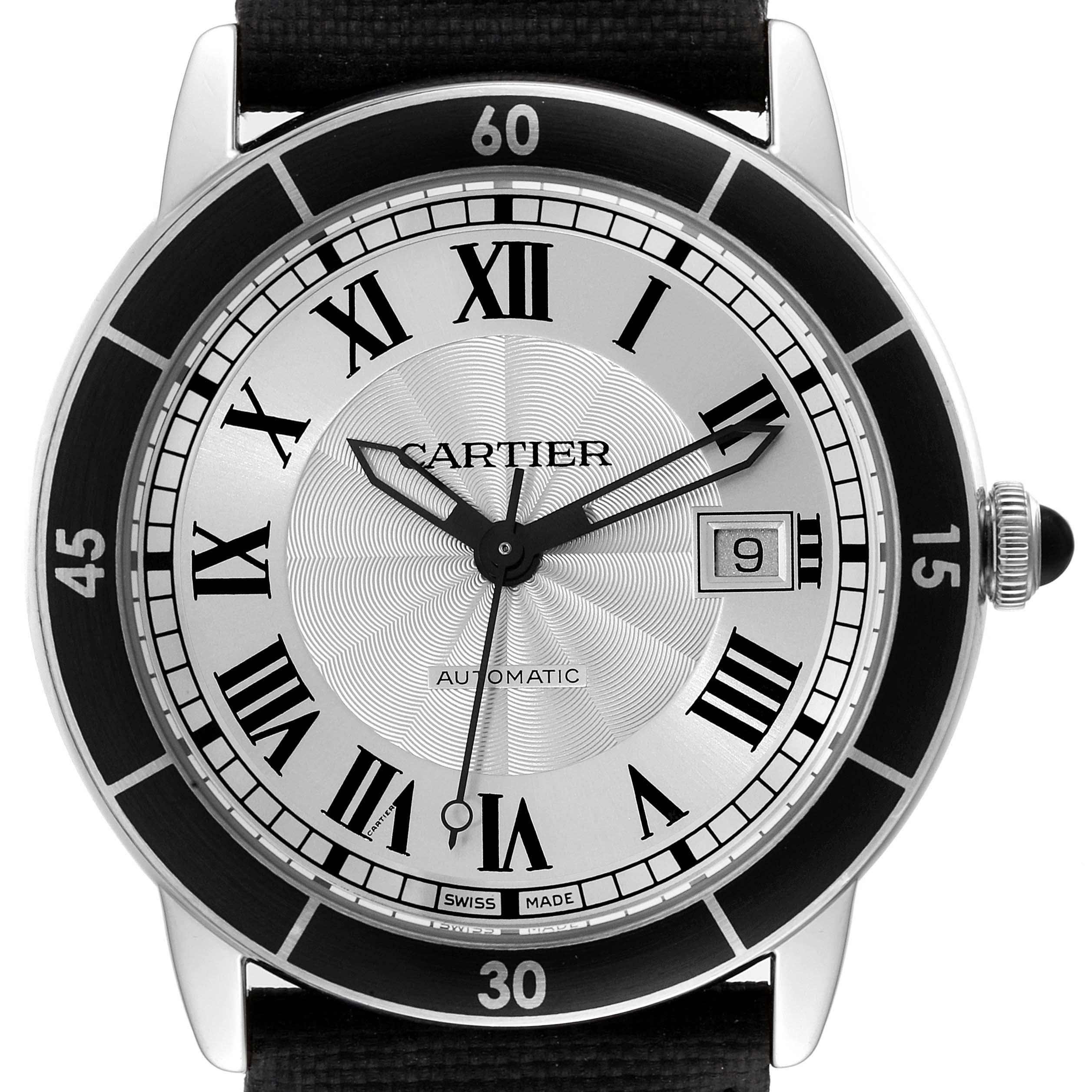This image shows a close-up of the Cartier Ronde WSRN0002 Men
s Stainless Steel Silver Dial WSRN0002 Men
s Stainless Steel Silver Dial watch face, highlighting its Roman numerals, date window, and hands.