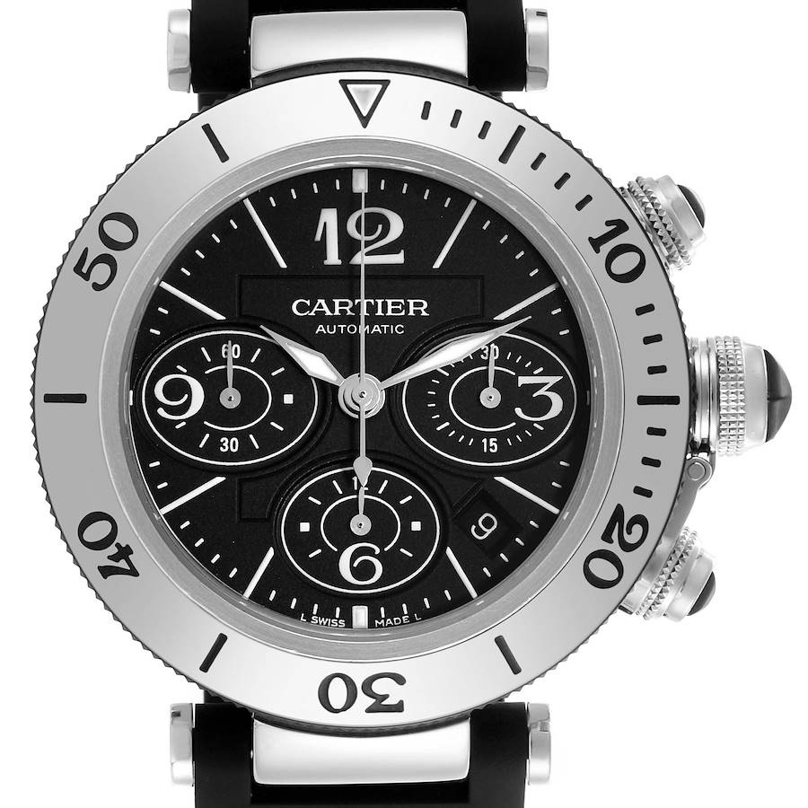 The Cartier Pasha watch is shown from a front angle, highlighting its black dial, subdials, bezel, and crown.