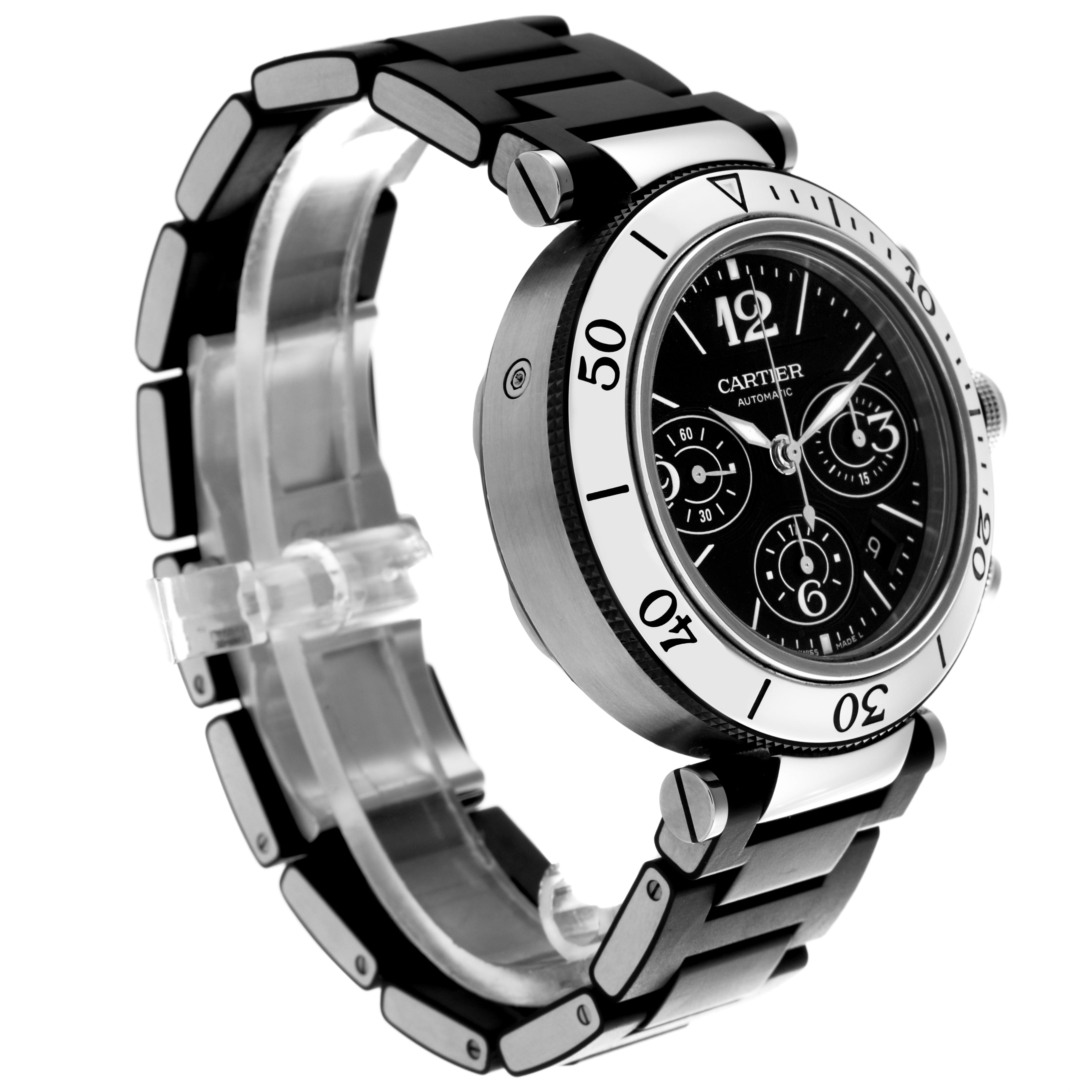 The Cartier Pasha W31088U2 Men
s Stainless Steel Black Dial W31088U2 Men
s Stainless Steel Black Dial watch is shown at a three-quarter angle, displaying the face, bezel, crown, and part of the bracelet.