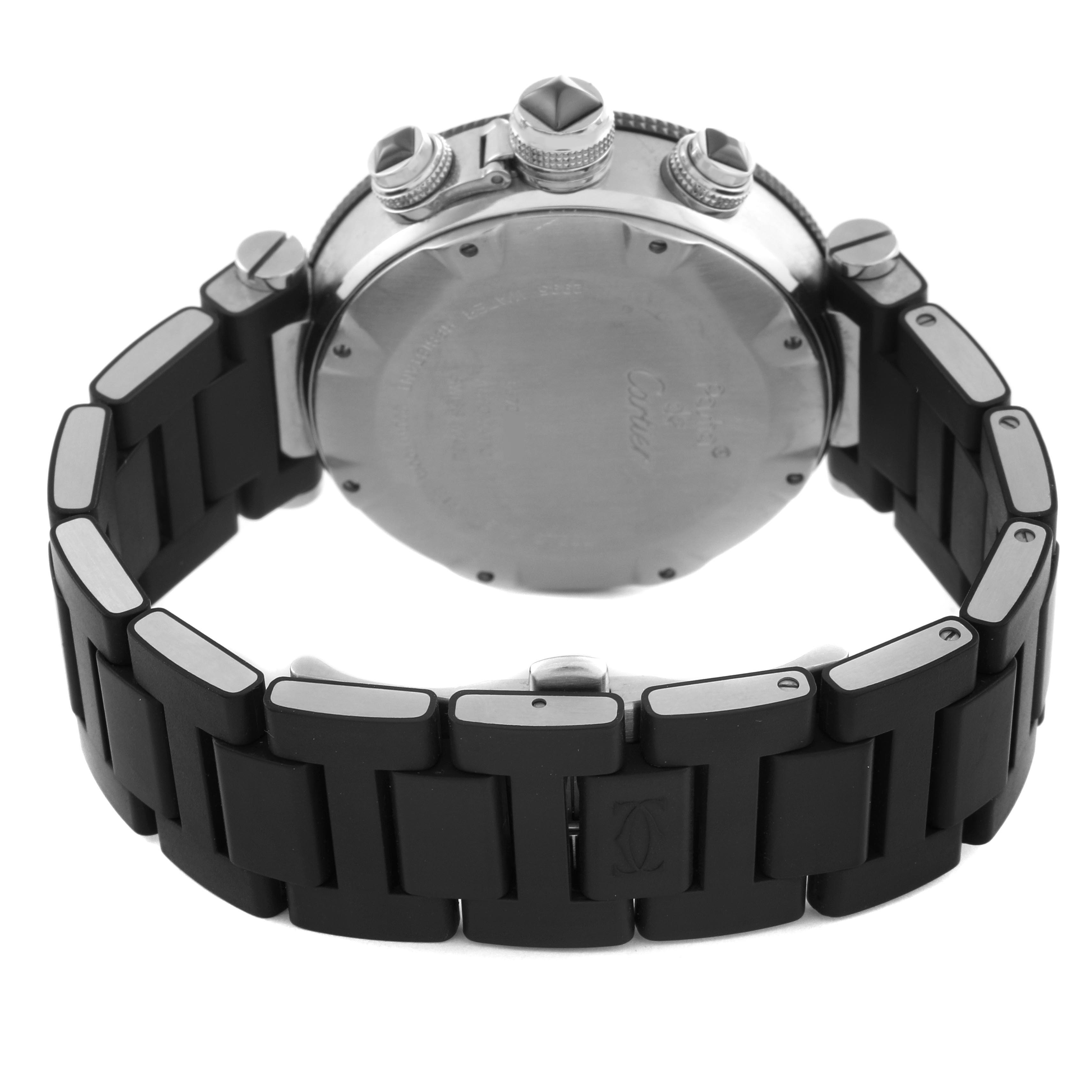The image shows the back of the Cartier Pasha W31088U2 Men
s Stainless Steel Black Dial W31088U2 Men
s Stainless Steel Black Dial watch, highlighting the case, bracelet, and side buttons.