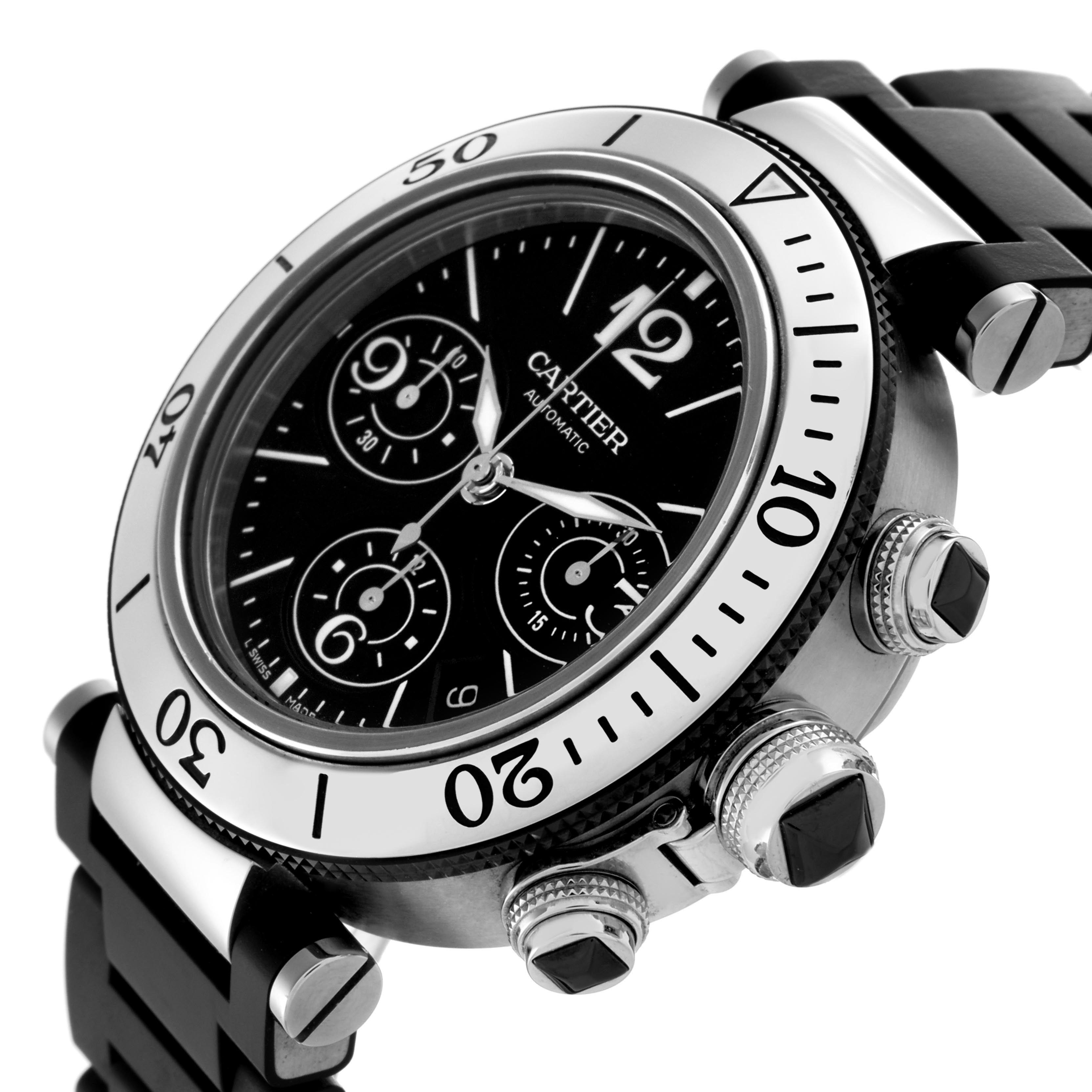 The Cartier Pasha W31088U2 Men
s Stainless Steel Black Dial W31088U2 Men
s Stainless Steel Black Dial watch is shown at an angled side view, highlighting its bezel, three sub-dials, and crown with a black strap.