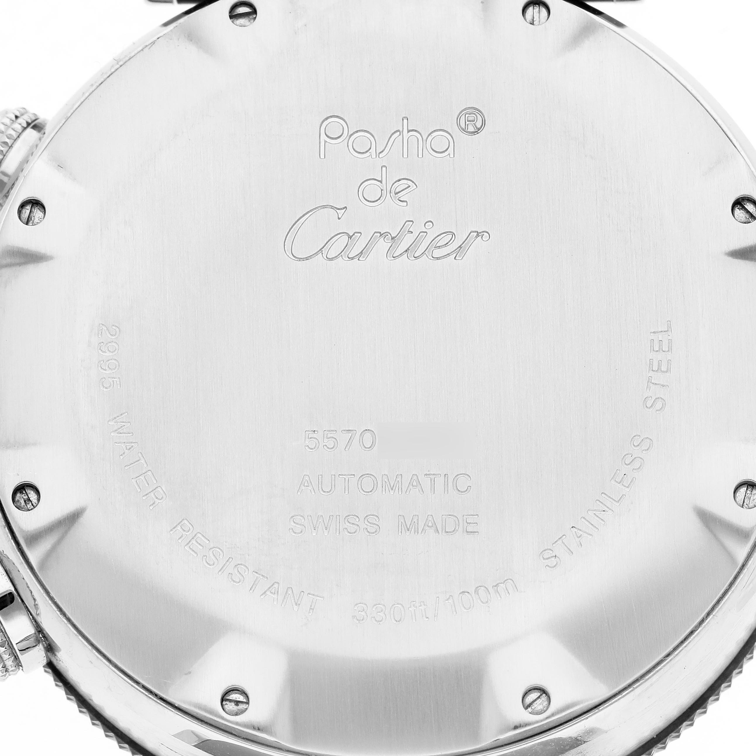 The image shows the back case of a Cartier Pasha W31088U2 Men
s Stainless Steel Black Dial W31088U2 Men
s Stainless Steel Black Dial watch, highlighting engravings and screw details.