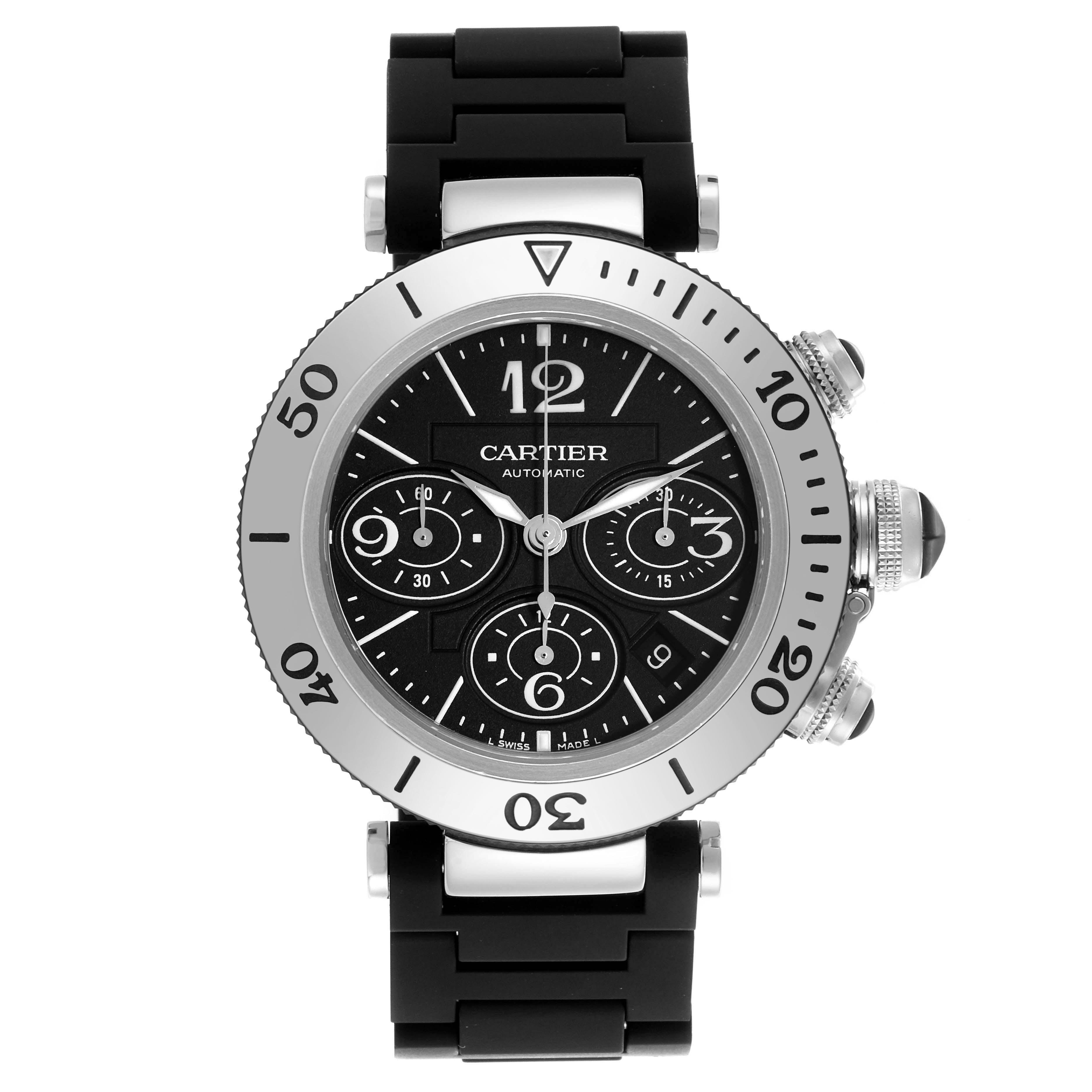 The image shows a Cartier Pasha W31088U2 Men
s Stainless Steel Black Dial W31088U2 Men
s Stainless Steel Black Dial watch from a front angle, highlighting its bezel, dial, and rubber strap.