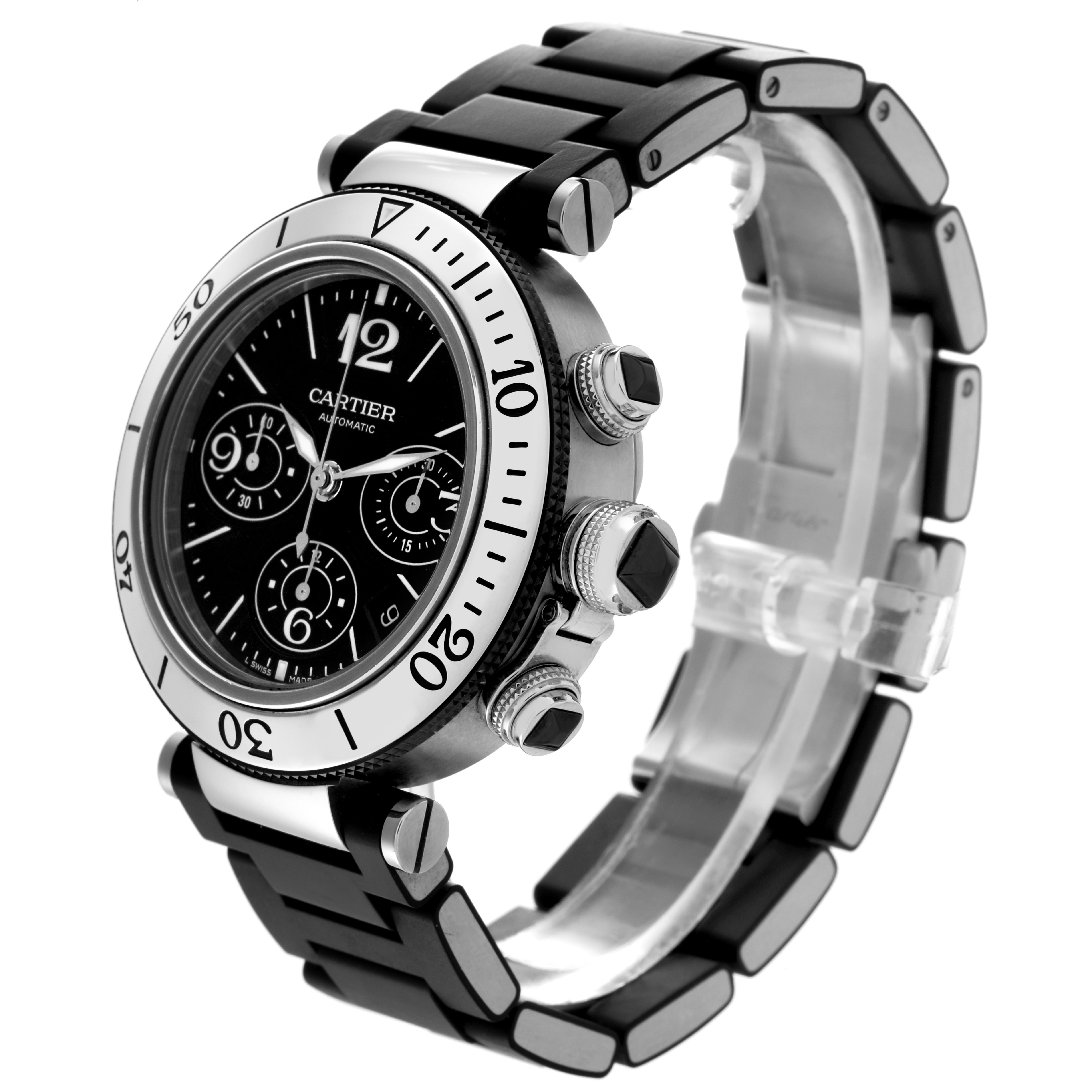 The Cartier Pasha W31088U2 Men
s Stainless Steel Black Dial W31088U2 Men
s Stainless Steel Black Dial watch is shown at an angled side view, displaying the bezel, crown, chronograph dials, and bracelet.