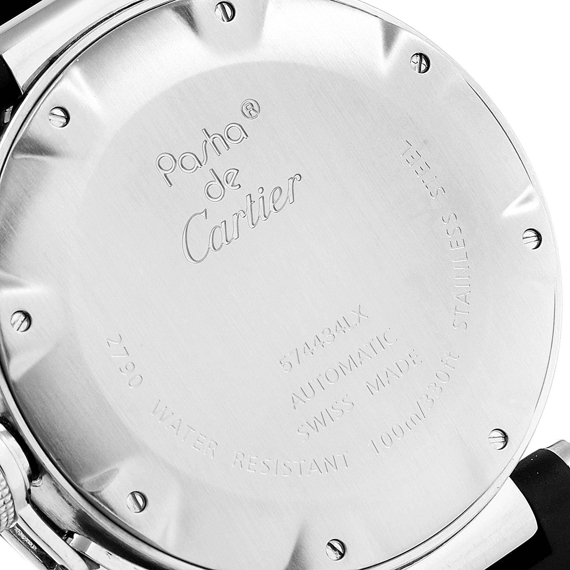 This image shows the back case of a Cartier Pasha W31088U2 Men's Stainless Steel Black Dial W31088U2 Men's Stainless Steel Black Dial watch, displaying its details and specifications.