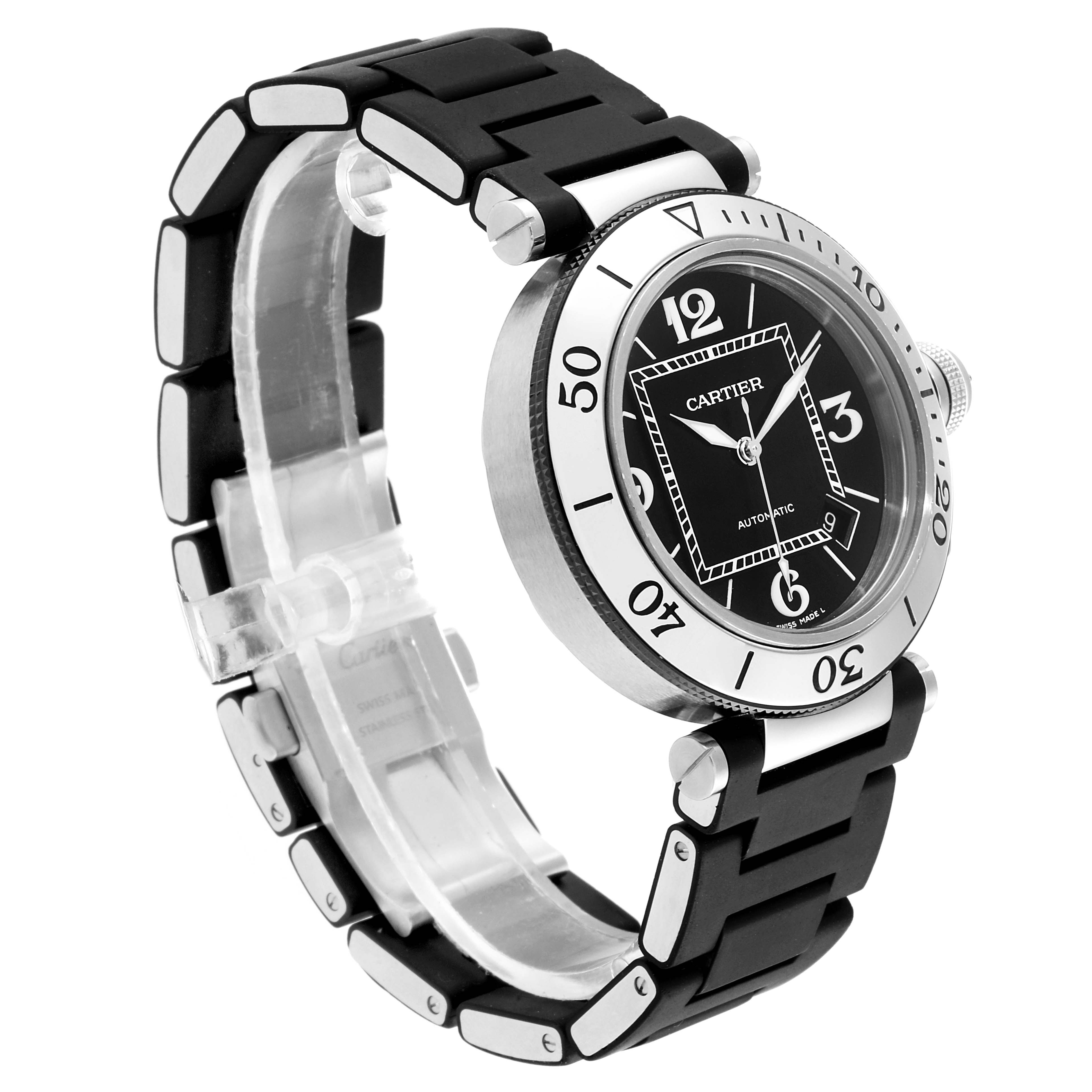 The image shows a Cartier Pasha W31088U2 Men's Stainless Steel Black Dial W31088U2 Men's Stainless Steel Black Dial watch at a 3/4 angle, highlighting its bezel, dial, and black rubber strap.