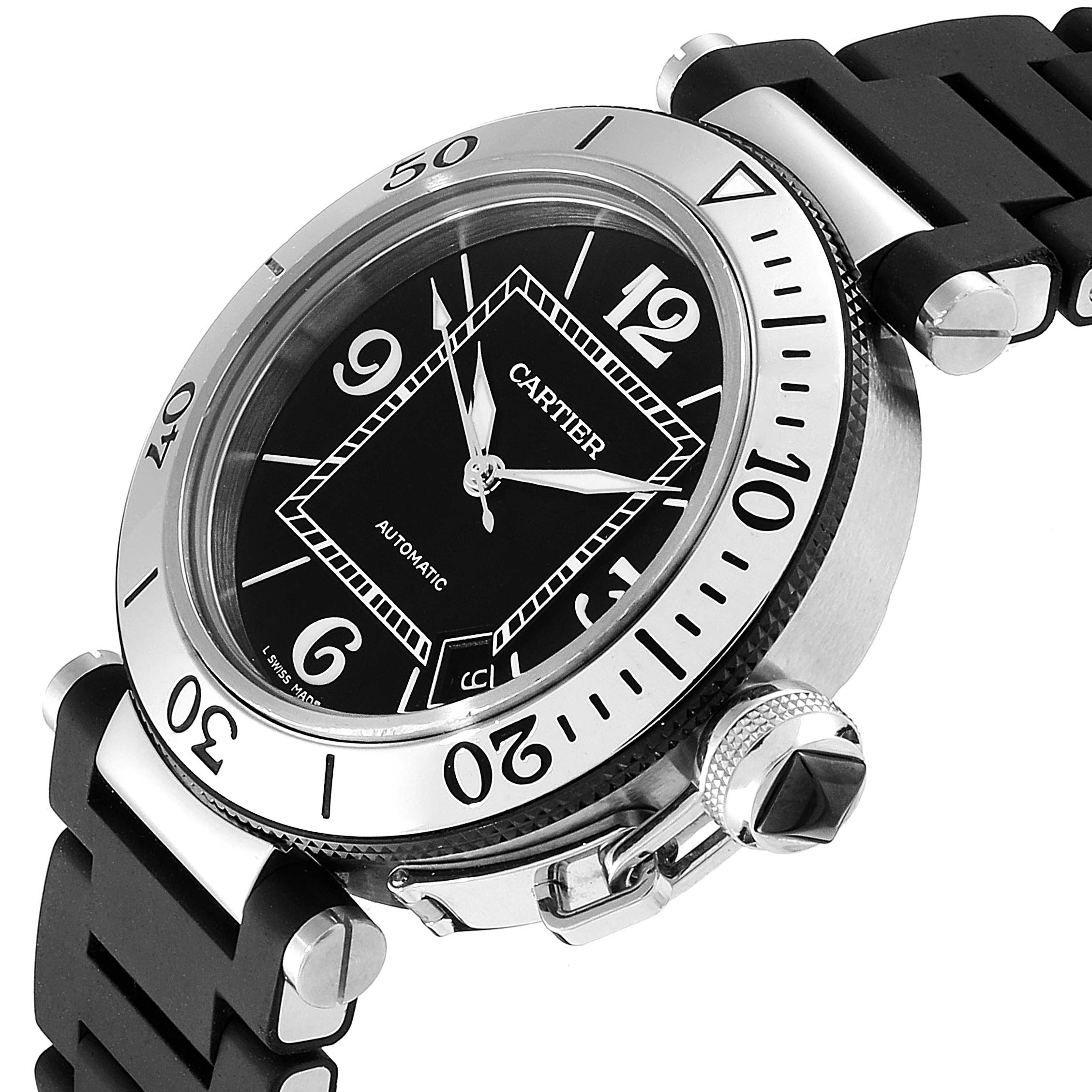 The image shows a Cartier Pasha W31088U2 Men's Stainless Steel Black Dial W31088U2 Men's Stainless Steel Black Dial watch from an angled top-right perspective, highlighting the dial, bezel, crown, and rubber strap.