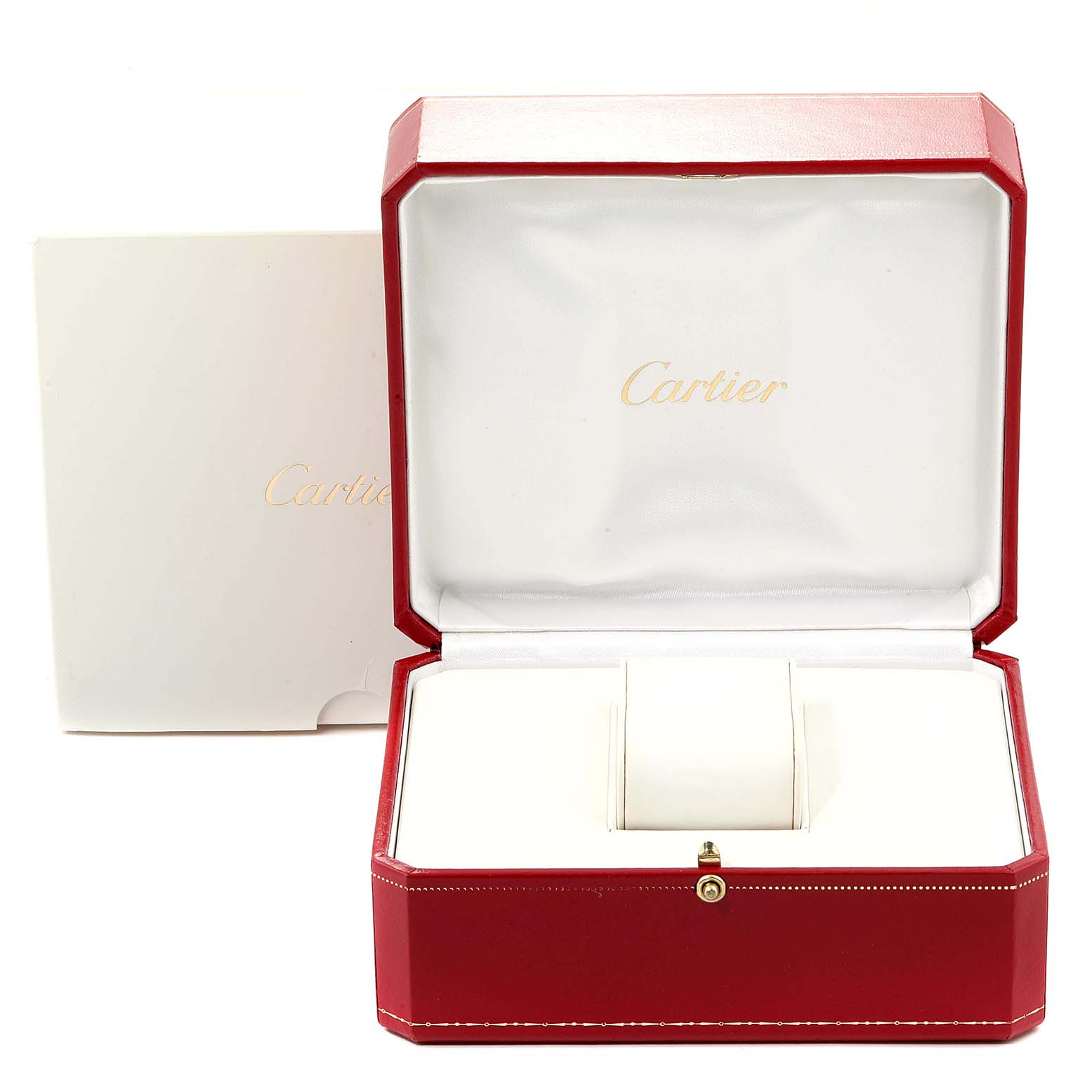 This image shows the open red and white presentation box of a Cartier Pasha W31088U2 Men's Stainless Steel Black Dial W31088U2 Men's Stainless Steel Black Dial model watch, highlighting its interior.