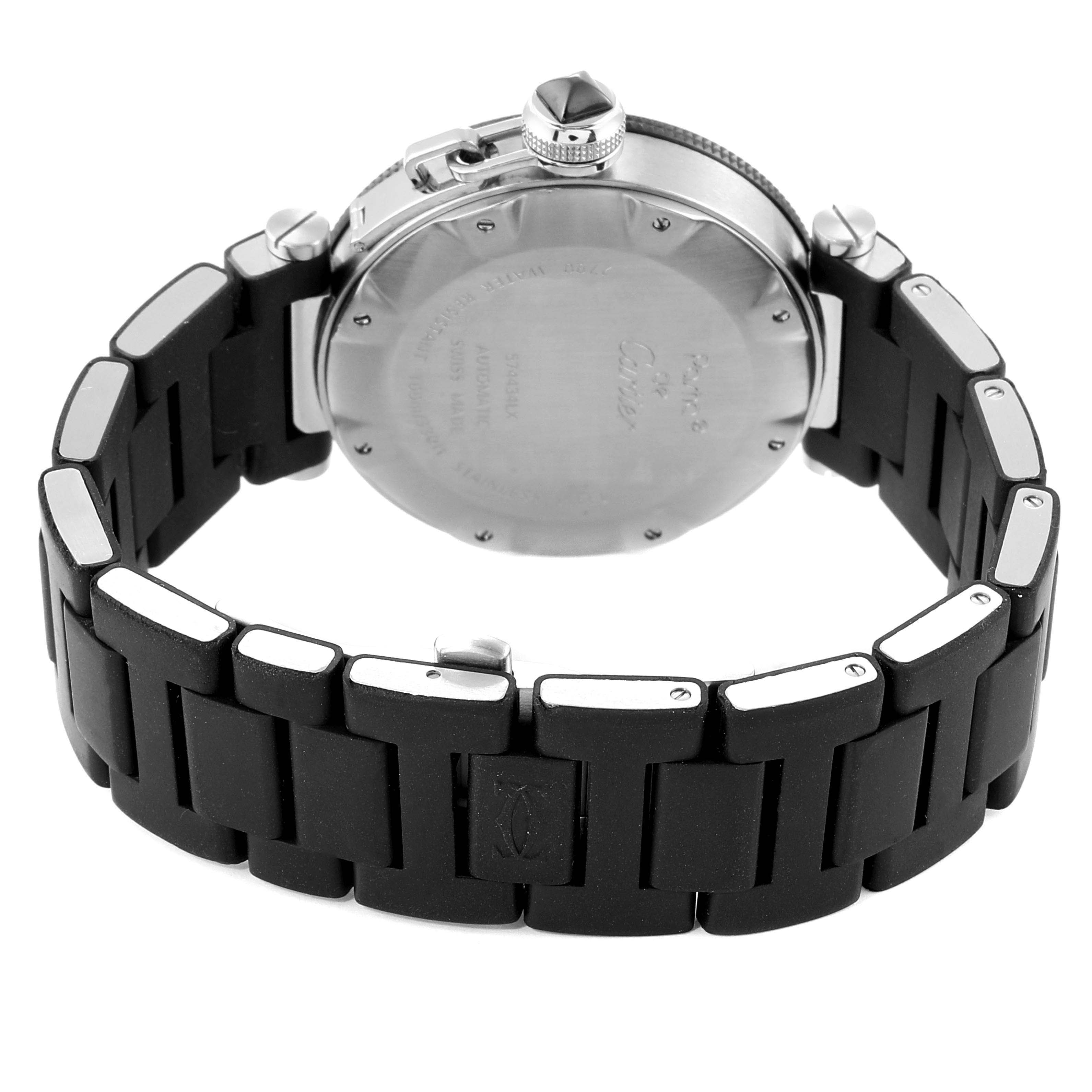 This image shows the back case and black strap of a Cartier Pasha W31088U2 Men's Stainless Steel Black Dial W31088U2 Men's Stainless Steel Black Dial watch from a rear angle.