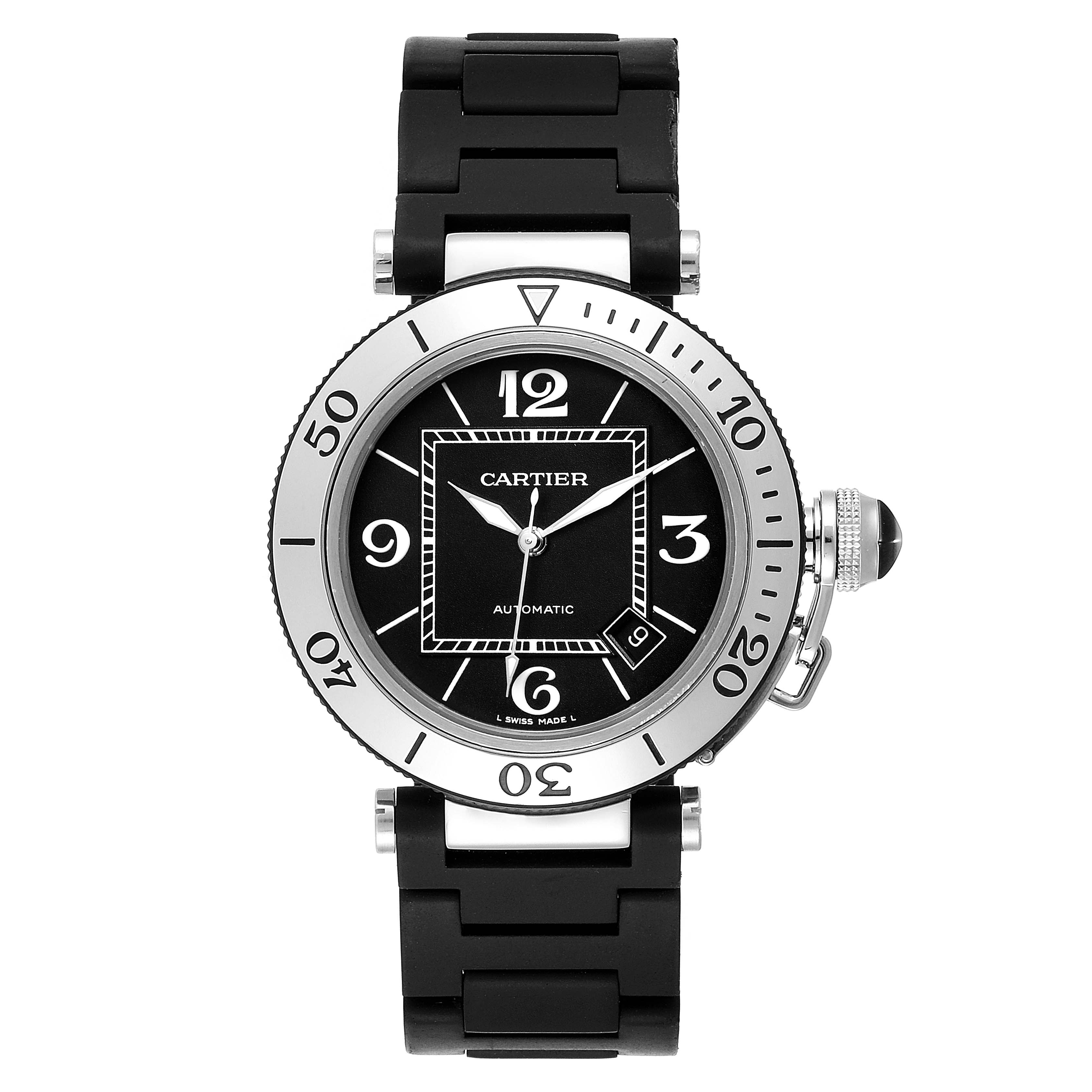 The image shows a front view of a Cartier Pasha W31088U2 Men's Stainless Steel Black Dial W31088U2 Men's Stainless Steel Black Dial model watch, displaying the face, bezel, and strap clearly.