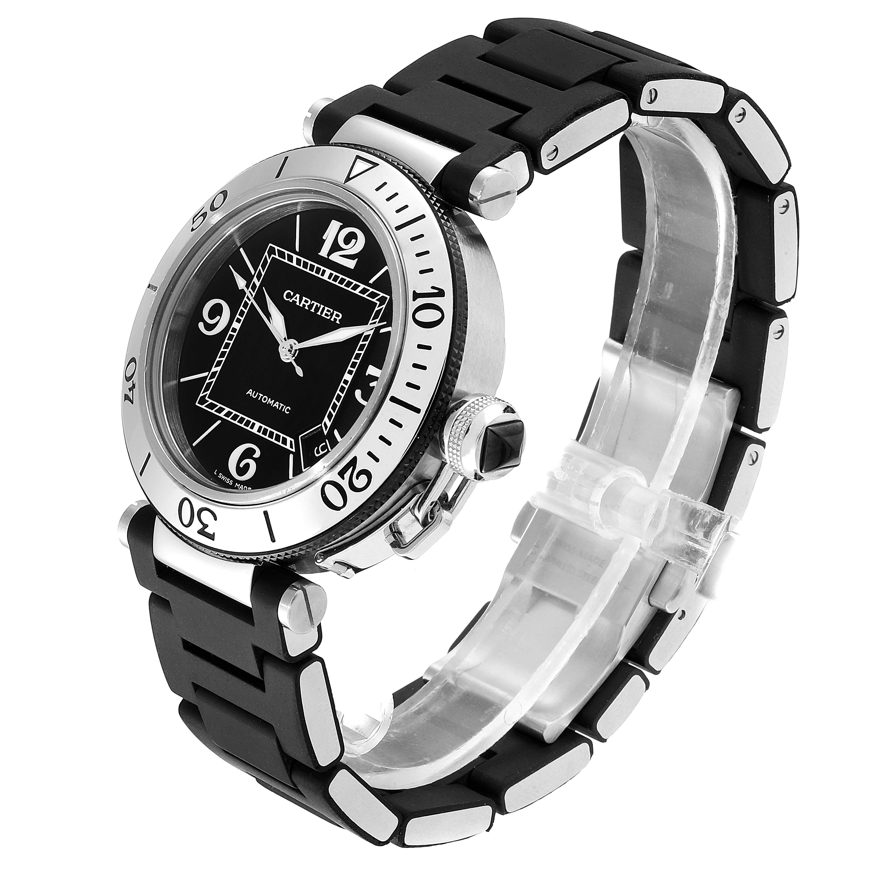 The Cartier Pasha W31088U2 Men's Stainless Steel Black Dial W31088U2 Men's Stainless Steel Black Dial watch is shown at a three-quarter angle, displaying its face, bezel, and part of the strap.