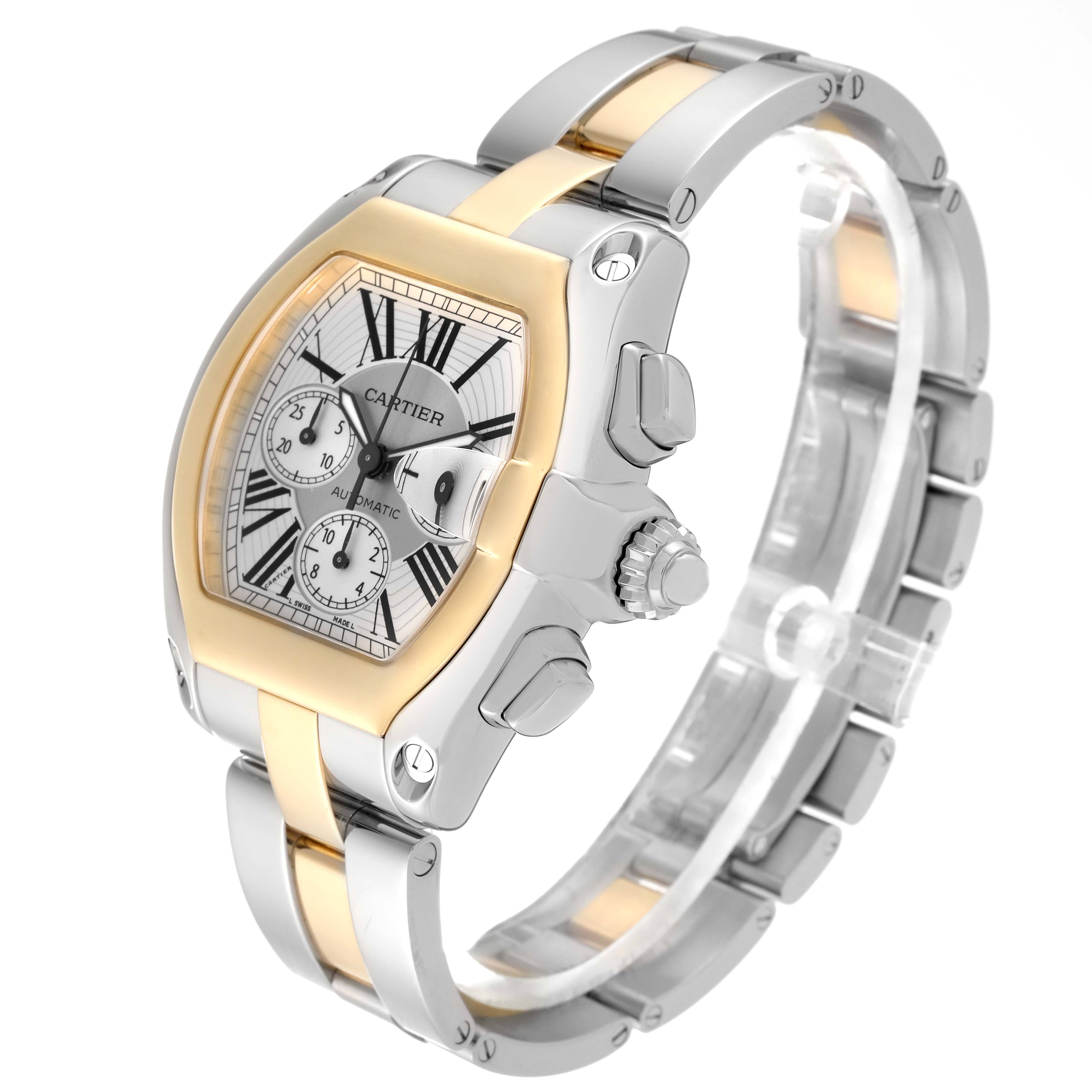 This image shows a Cartier Roadster W62027Z1 Men
s Steel and Gold (two tone) Silver Dial W62027Z1 Men
s Steel and Gold (two tone) Silver Dial watch at a three-quarter angle, displaying the dial, crown, and stainless steel and gold bracelet.