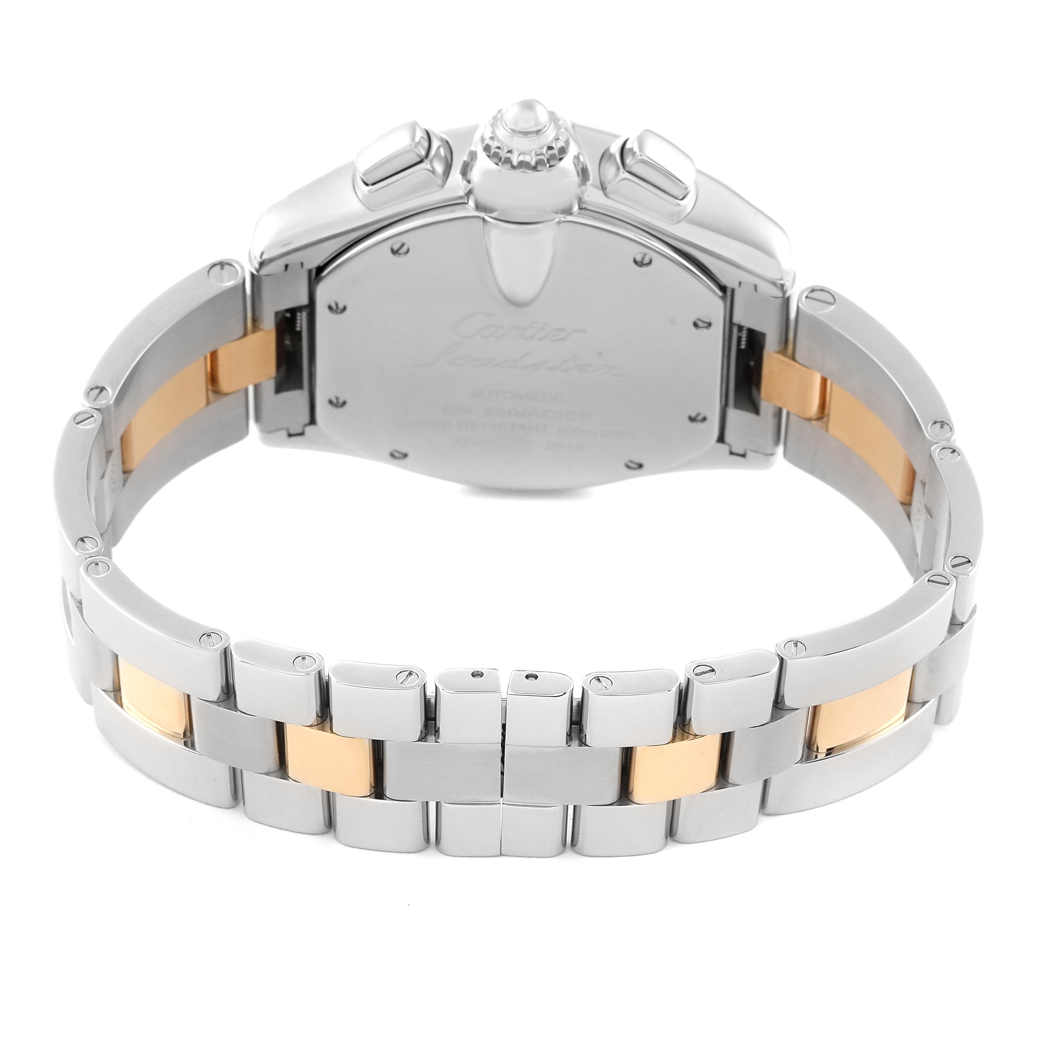 The image shows the back view of a Cartier Roadster W62027Z1 Men
s Steel and Gold (two tone) Silver Dial W62027Z1 Men
s Steel and Gold (two tone) Silver Dial watch, highlighting its bracelet and caseback with the brand engraving.