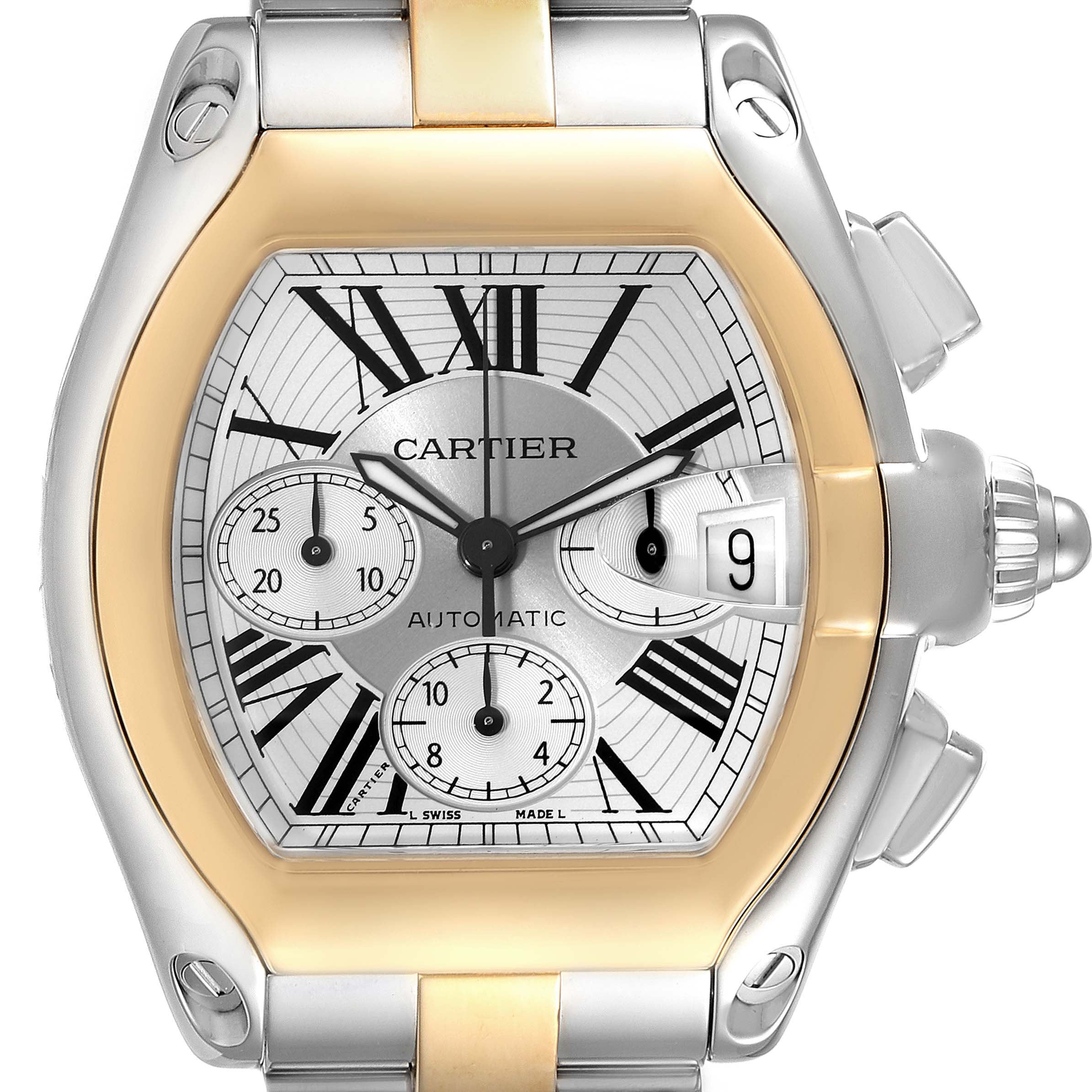 This image shows a Cartier Roadster W62027Z1 Men
s Steel and Gold (two tone) Silver Dial W62027Z1 Men
s Steel and Gold (two tone) Silver Dial watch, featuring a close-up view of its dial, crown, and metal bracelet.