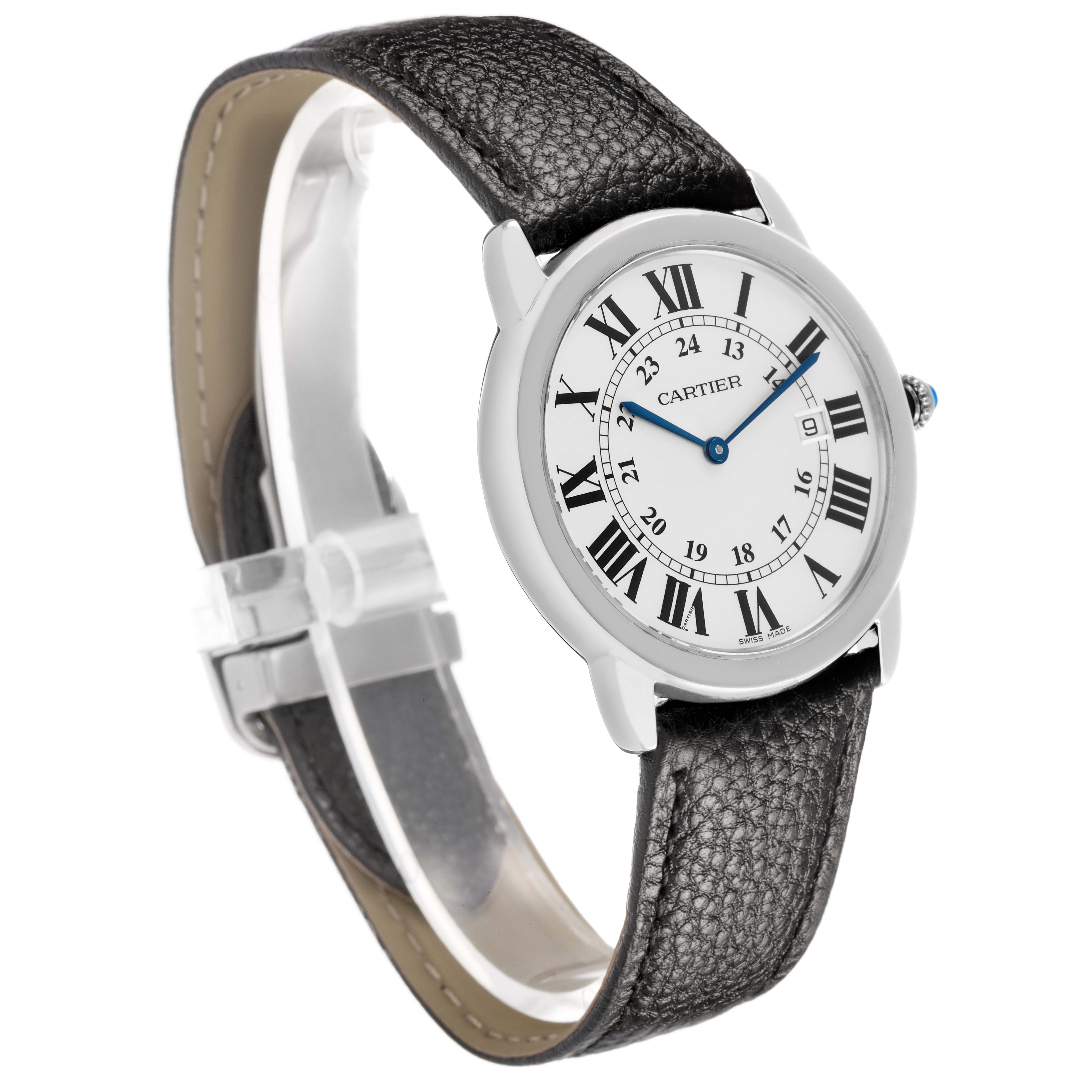The Cartier Ronde W6701005 Men's Stainless Steel Silver Dial watch is shown at a three-quarter angle, displaying the face, Roman numerals, and leather strap.