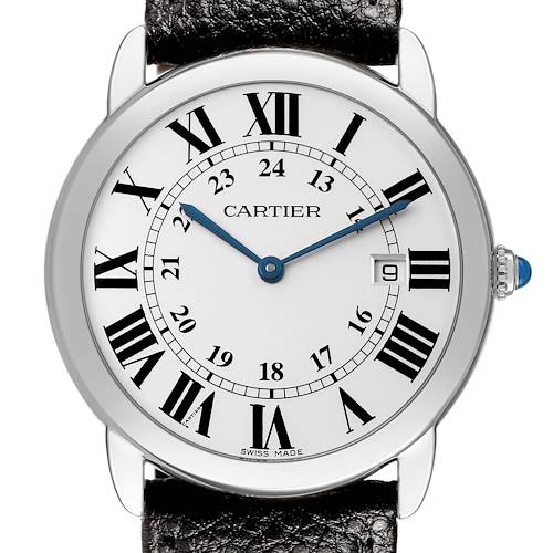 The Cartier Ronde W6701005 Men's Stainless Steel Silver Dial model watch is shown from the front, highlighting its dial, Roman numerals, and date window at 3 o'clock.