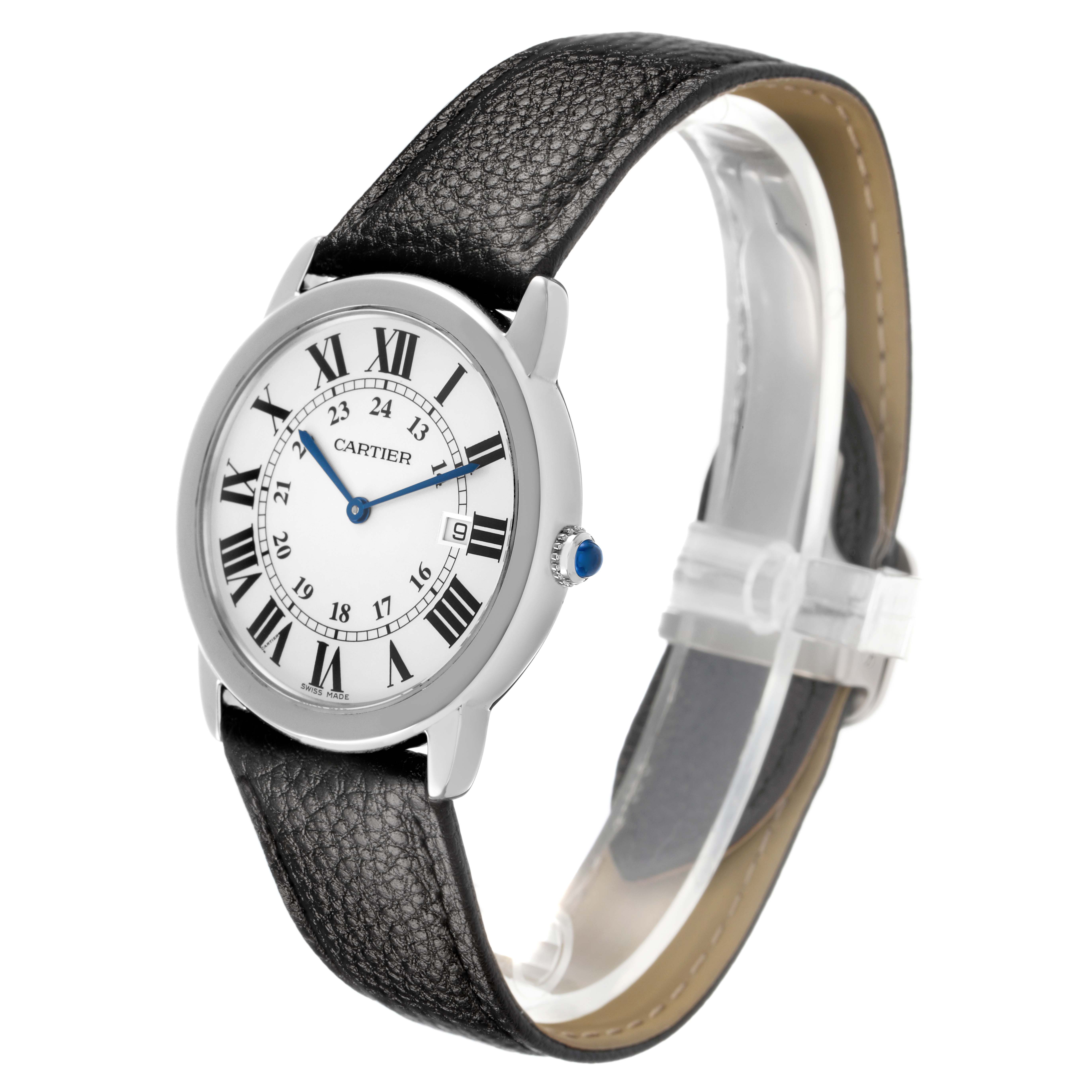 The Cartier Ronde W6701005 Men's Stainless Steel Silver Dial watch is shown at an angled side view, highlighting the dial, crown, and black leather strap.