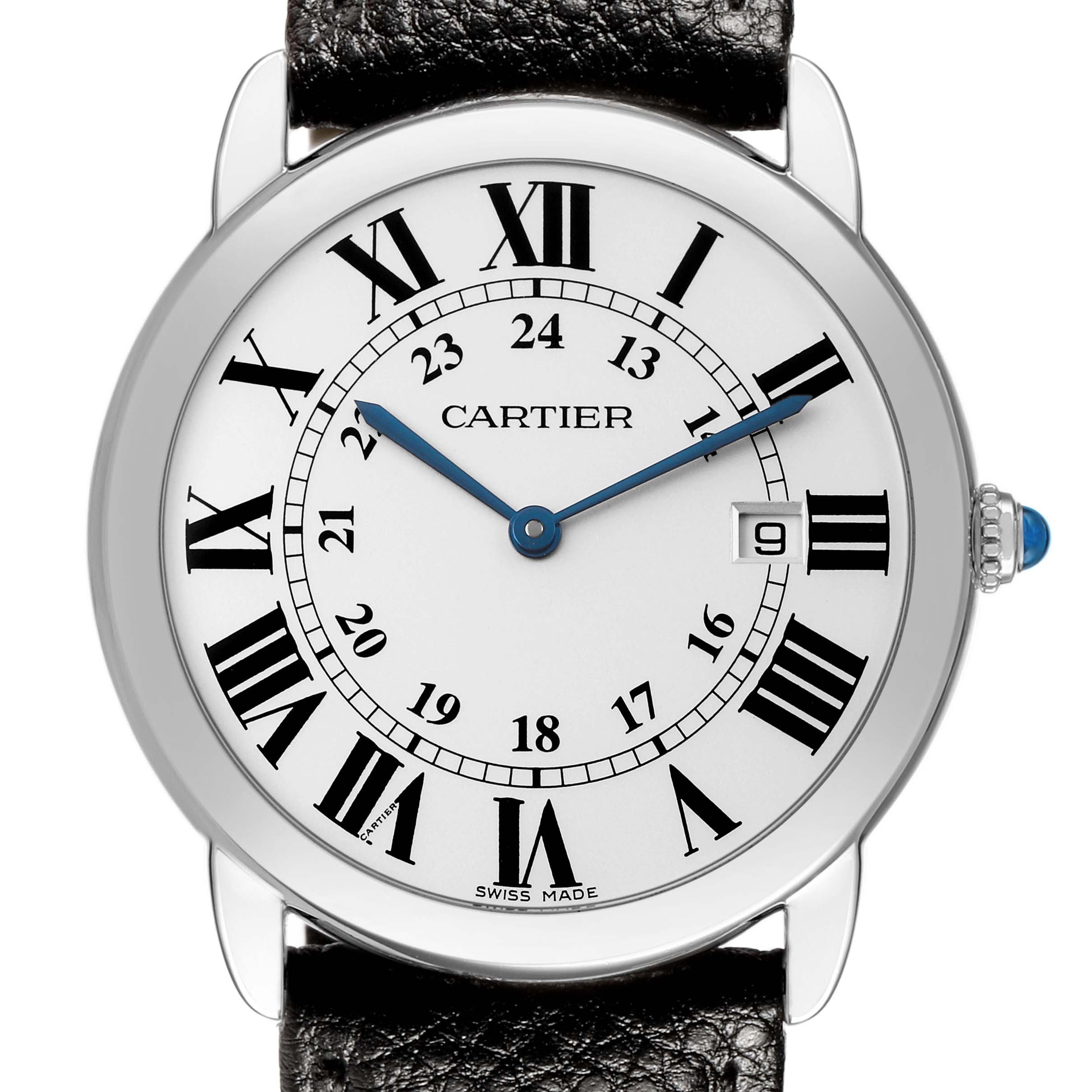 The Cartier Ronde W6701005 Men's Stainless Steel Silver Dial watch is shown from the front, displaying its white dial, Roman numerals, blue hands, and leather strap.