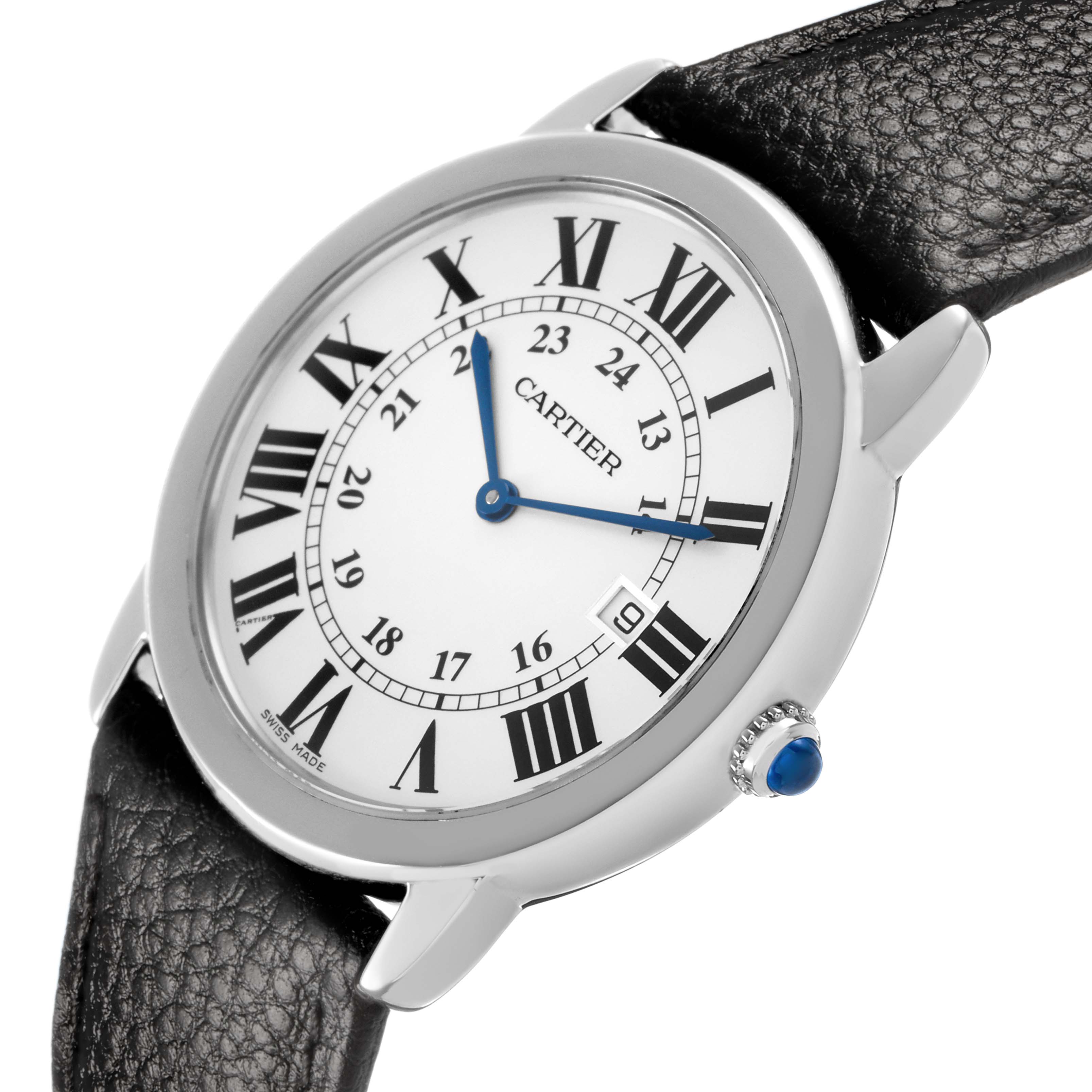 The Cartier Ronde W6701005 Men's Stainless Steel Silver Dial watch is shown at a tilted angle, displaying the face, Roman numerals, blue hands, crown, and leather strap.