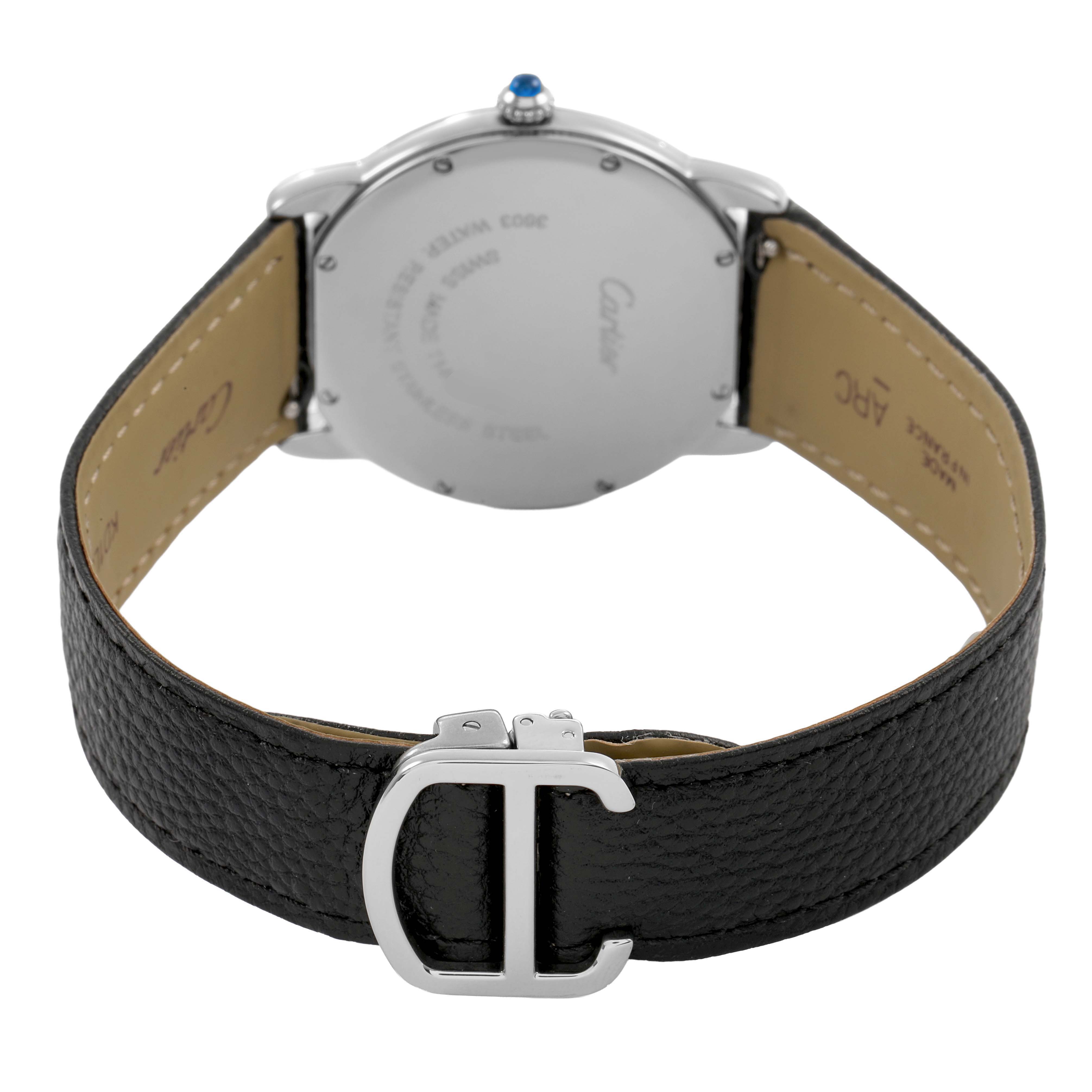The image shows the back of the Cartier Ronde W6701005 Men's Stainless Steel Silver Dial watch, featuring the case back, leather strap, and clasp.