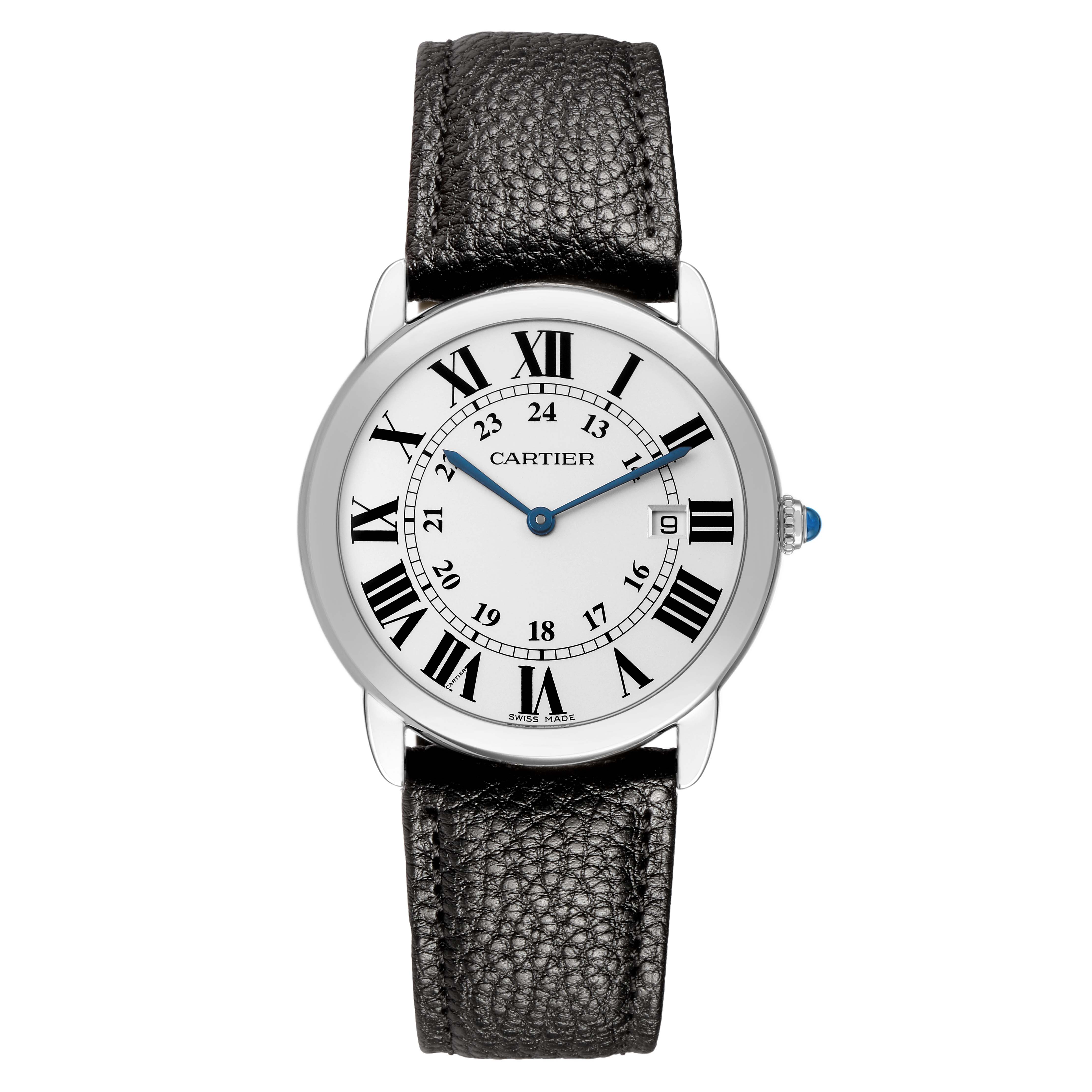 The Cartier Ronde W6701005 Men's Stainless Steel Silver Dial watch is shown from a top view, displaying its face, Roman numerals, and leather strap.