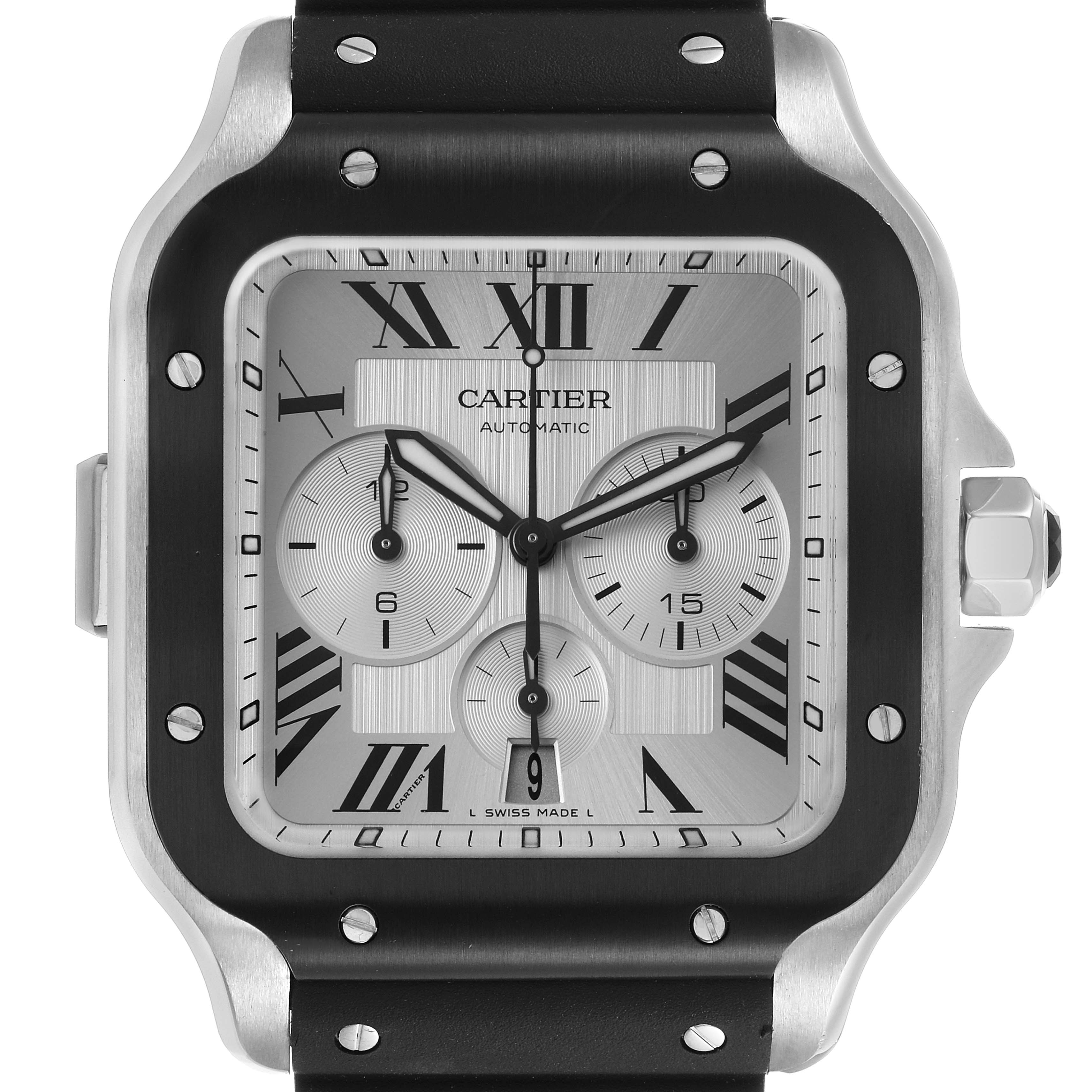 The Cartier Santos WSSA0017 Men's Stainless Steel Silver Dial watch is shown from a front angle, displaying the dial, bezel, case, and part of the strap.