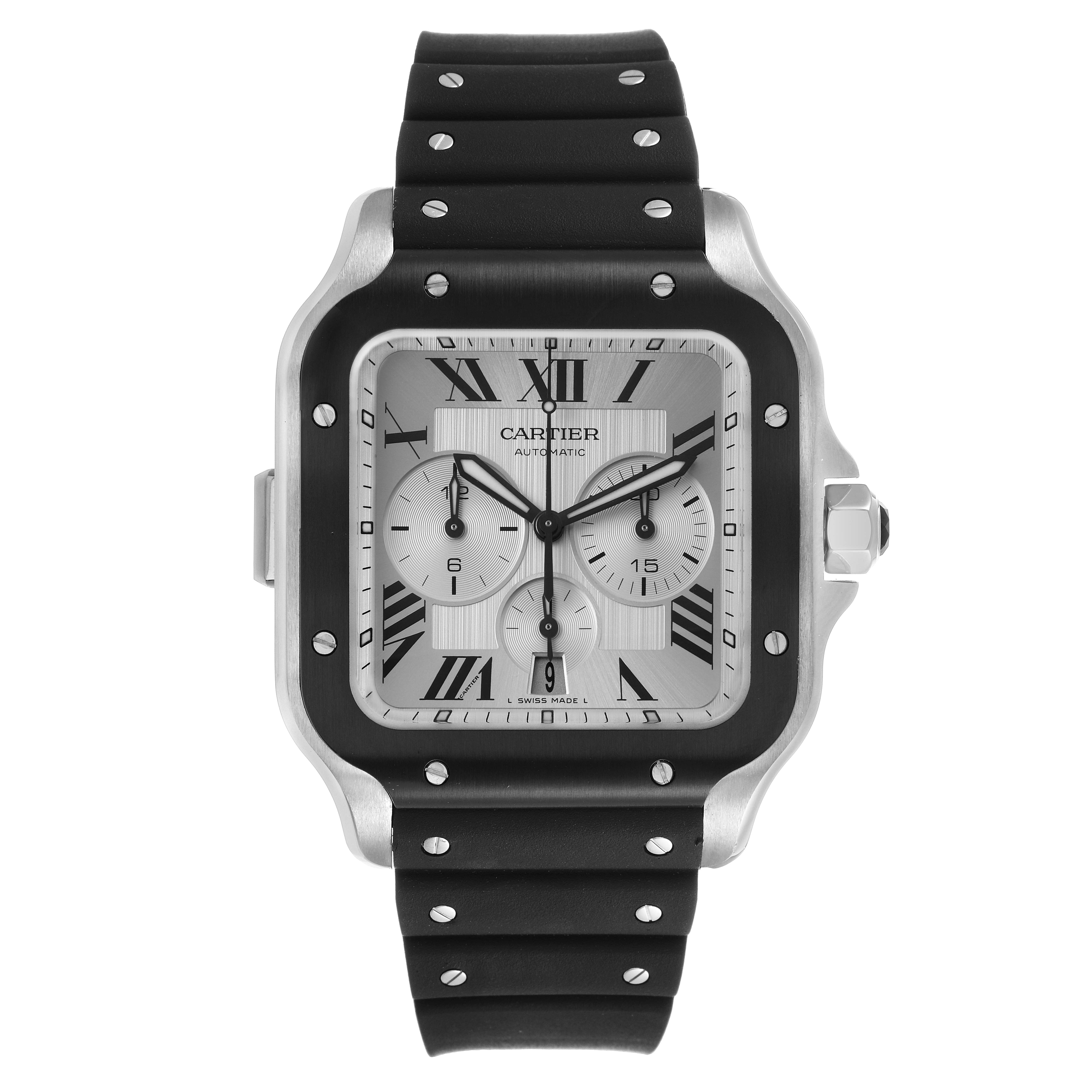 The Cartier Santos WSSA0017 Men's Stainless Steel Silver Dial watch is shown from the front, highlighting its square face, chronograph dials, and black rubber strap.