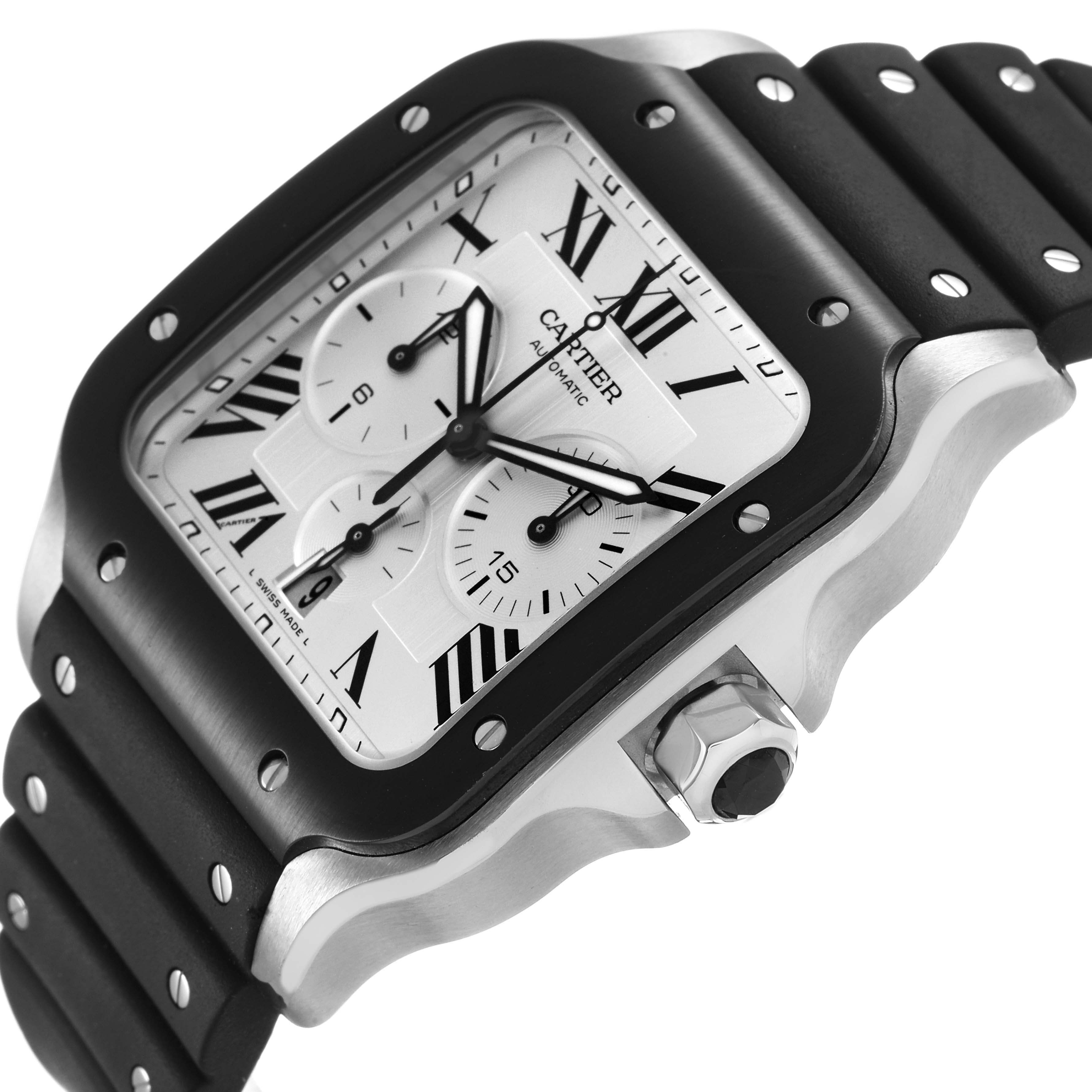 The image shows a Santos model by Cartier from a side angle, highlighting the bezel, dial, and part of the strap.