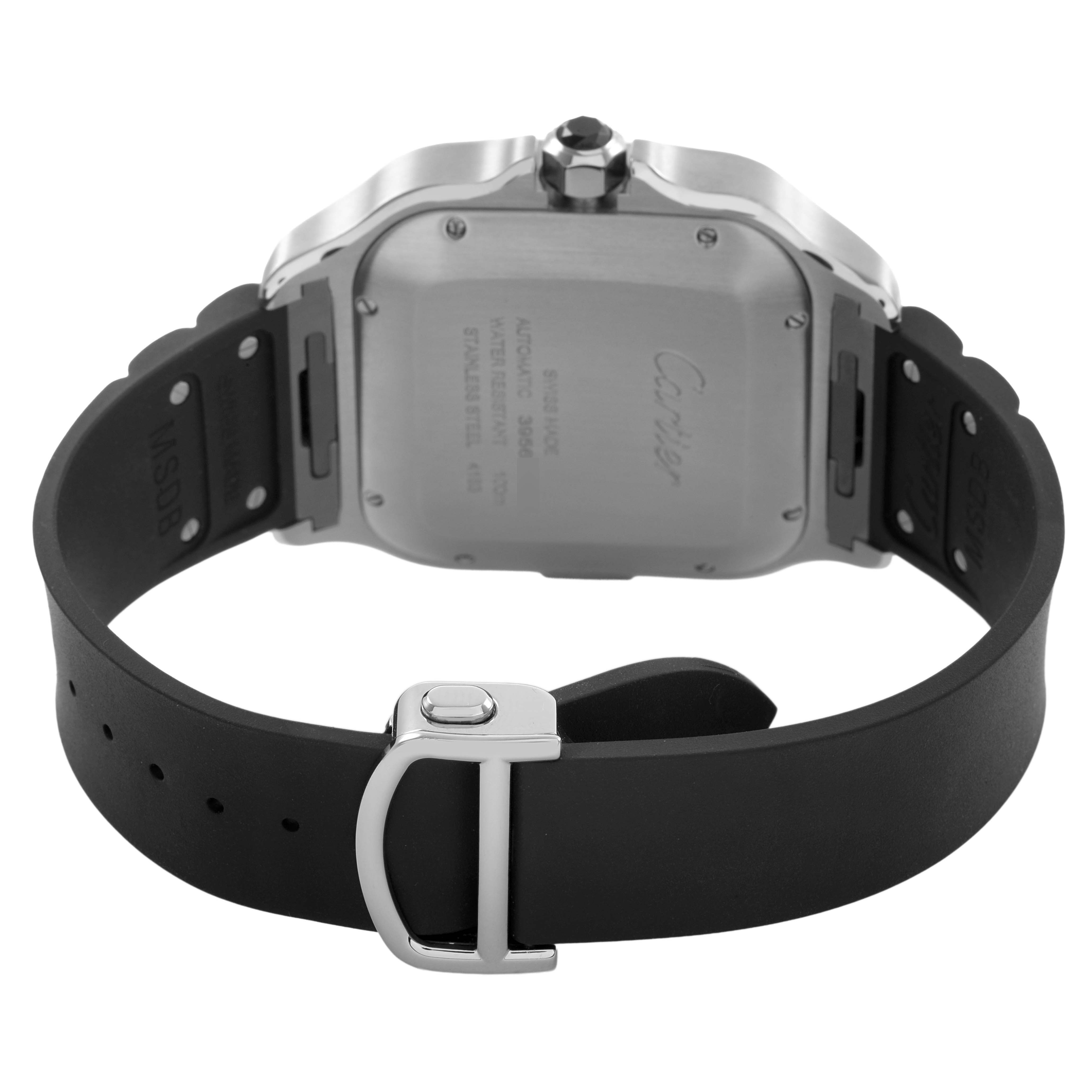 The image shows the back and sides of a Cartier Santos WSSA0017 Men's Stainless Steel Silver Dial model watch, focusing on the stainless steel case, crown, and rubber strap.