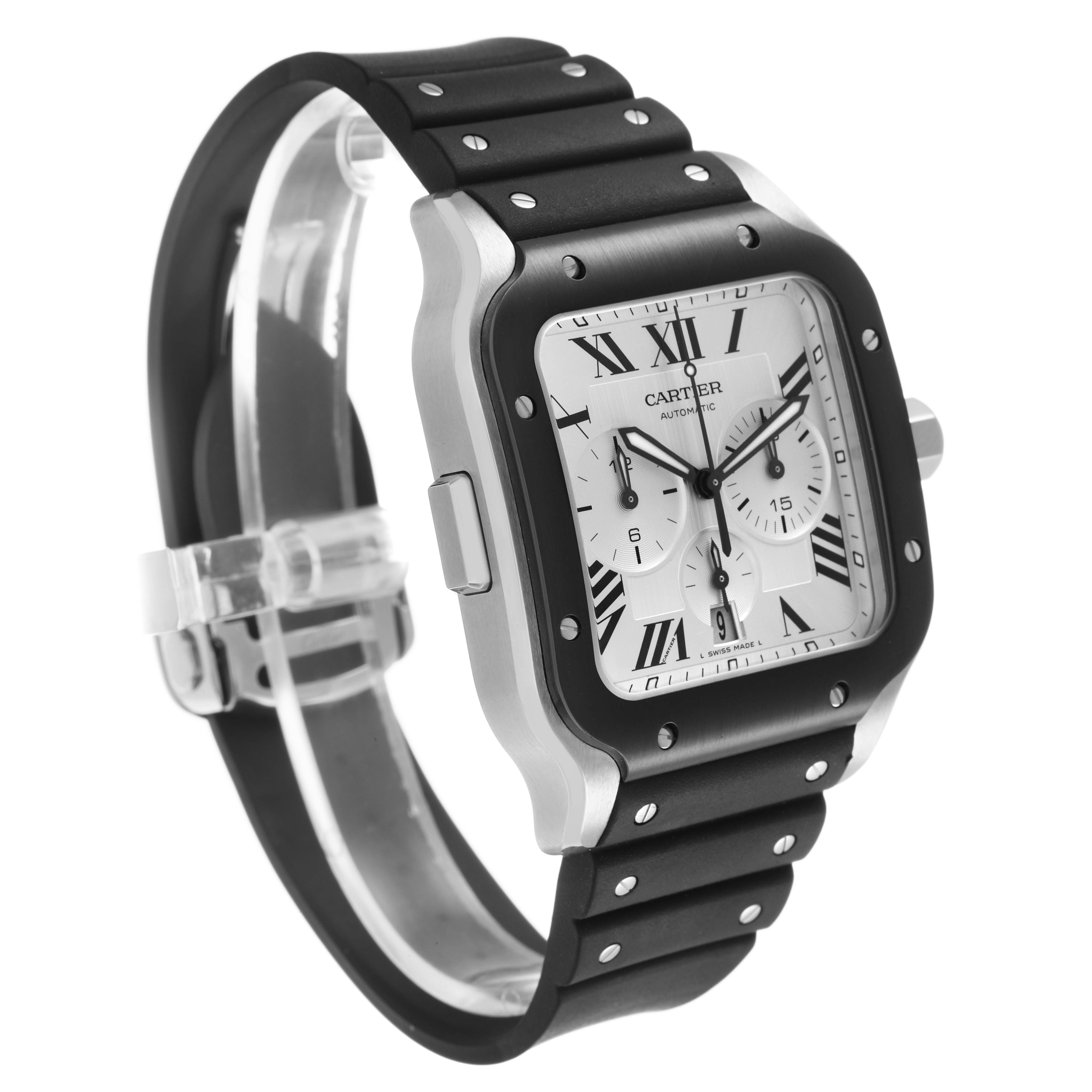 The Cartier Santos WSSA0017 Men's Stainless Steel Silver Dial watch is shown at an angle highlighting its face, bezel, and black strap.