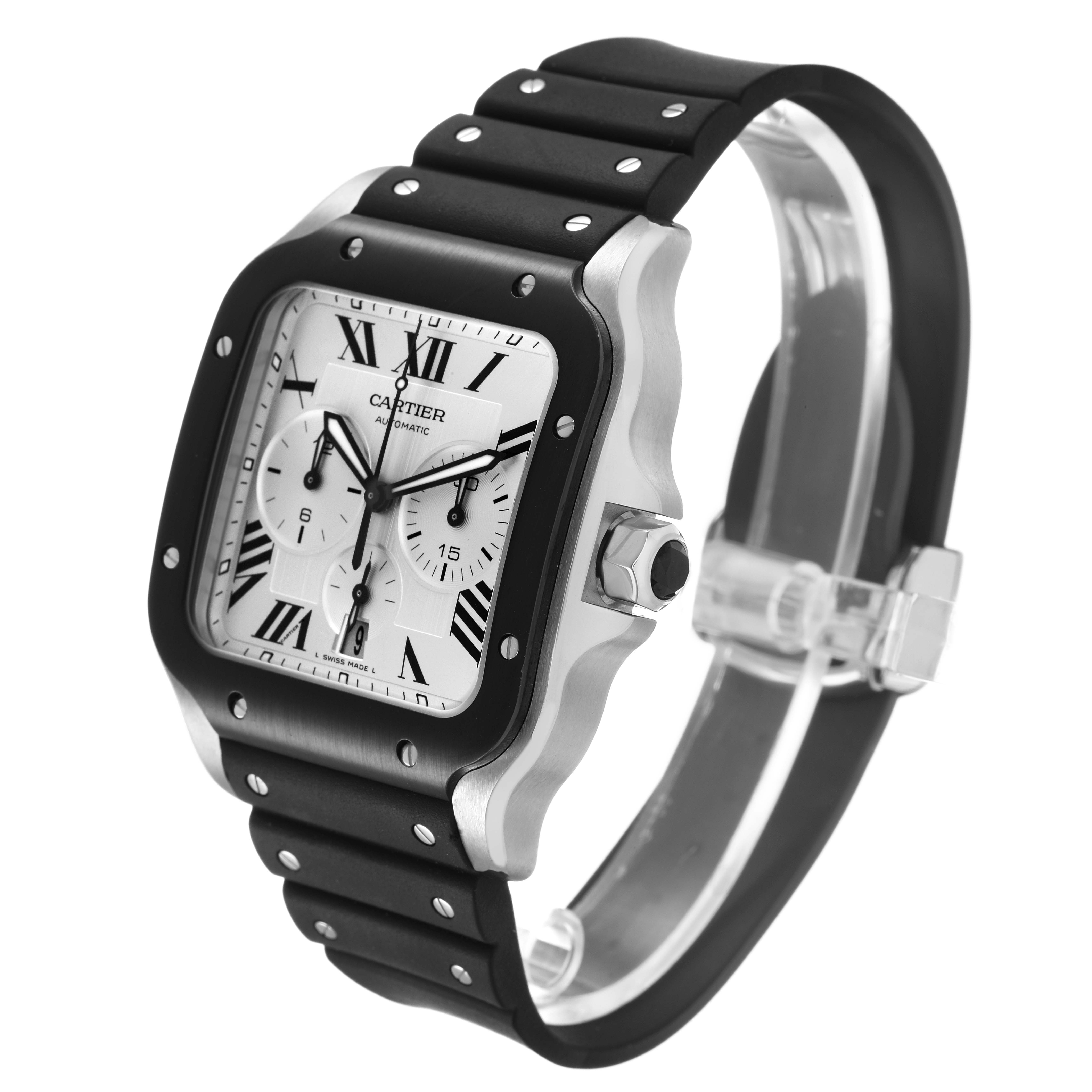 The Cartier Santos WSSA0017 Men's Stainless Steel Silver Dial watch is shown at a three-quarter angle, highlighting the face, bezel, and black rubber strap.