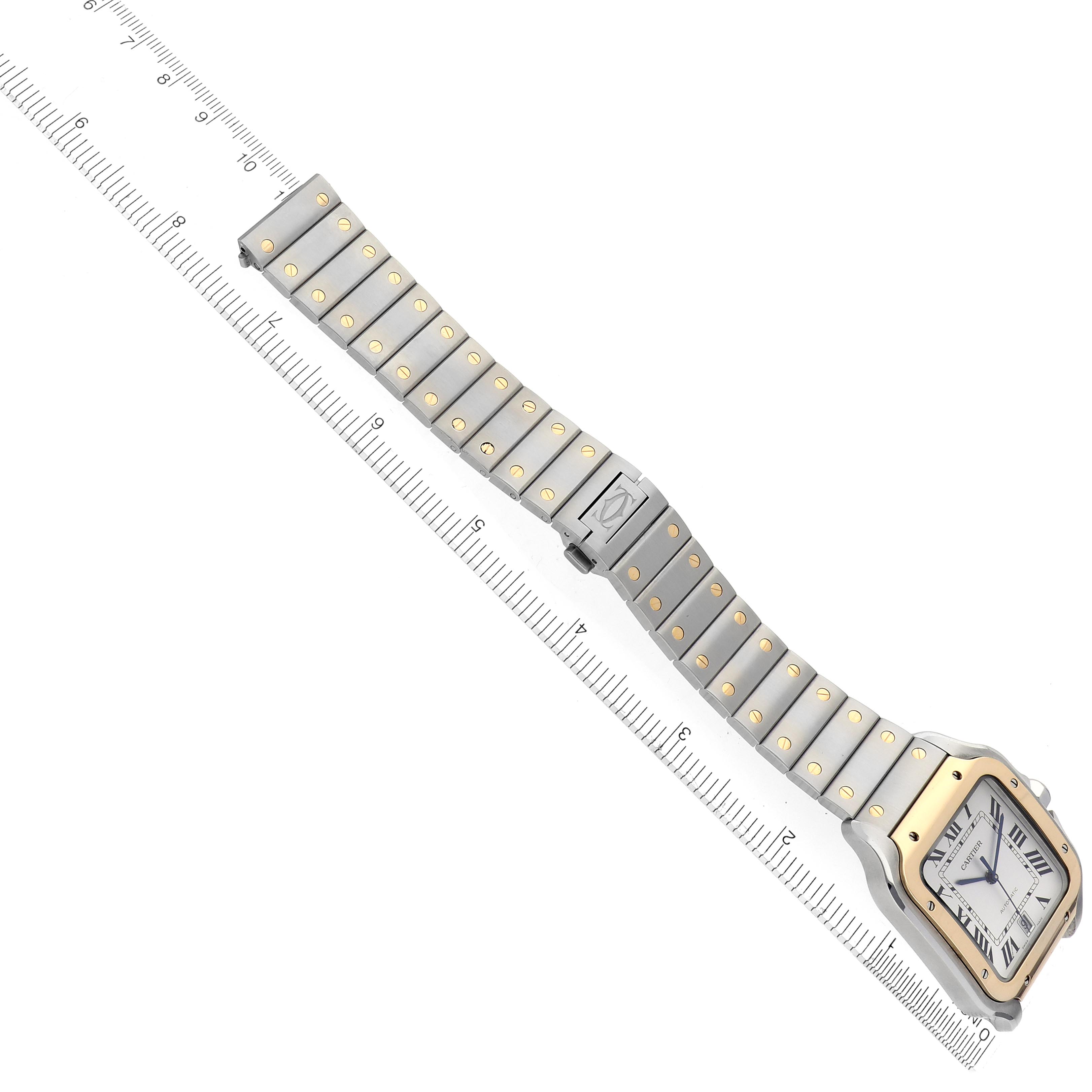 The Cartier Santos W2SA0009 Men's Steel and Gold (two tone) Silver Dial W2SA0009 Men's Steel and Gold (two tone) Silver Dial watch is shown from a top view with its full face, bezel, and bracelet visible.