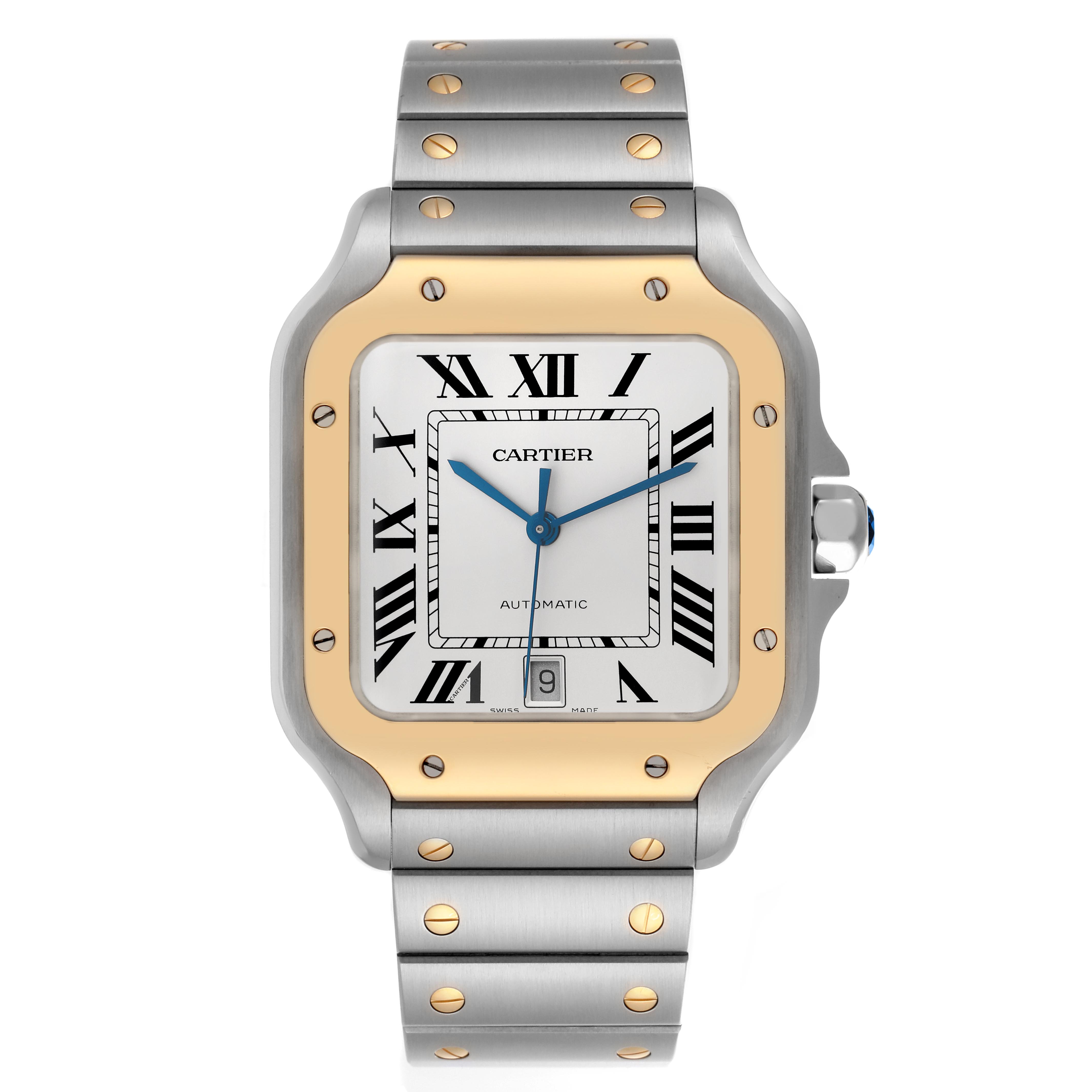 The Cartier Santos W2SA0009 Men's Steel and Gold (two tone) Silver Dial W2SA0009 Men's Steel and Gold (two tone) Silver Dial watch is shown from the front, highlighting the face, bezel, and bracelet.