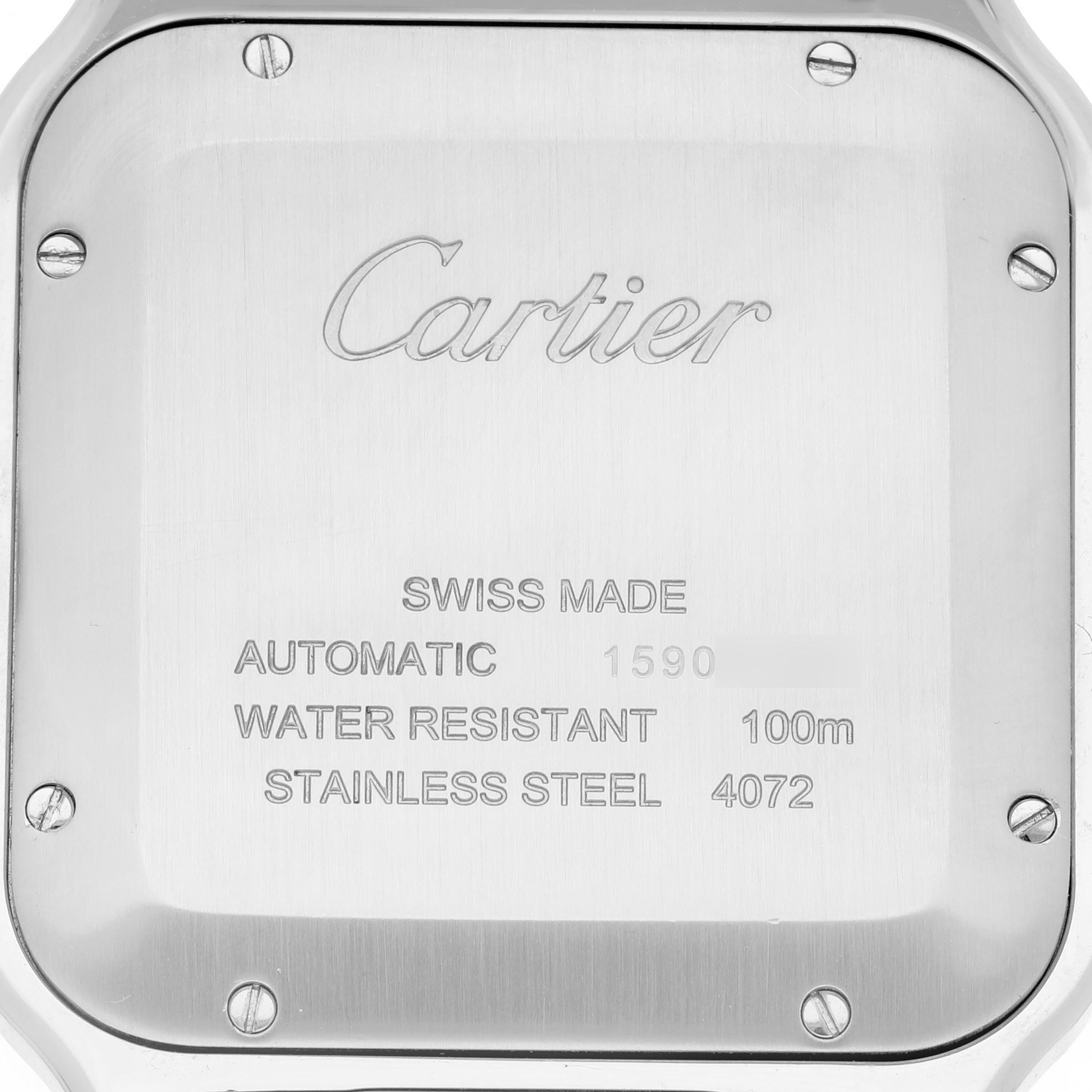 The image shows the back of a Cartier Santos W2SA0009 Men's Steel and Gold (two tone) Silver Dial W2SA0009 Men's Steel and Gold (two tone) Silver Dial watch, featuring brand engraving and specifications.