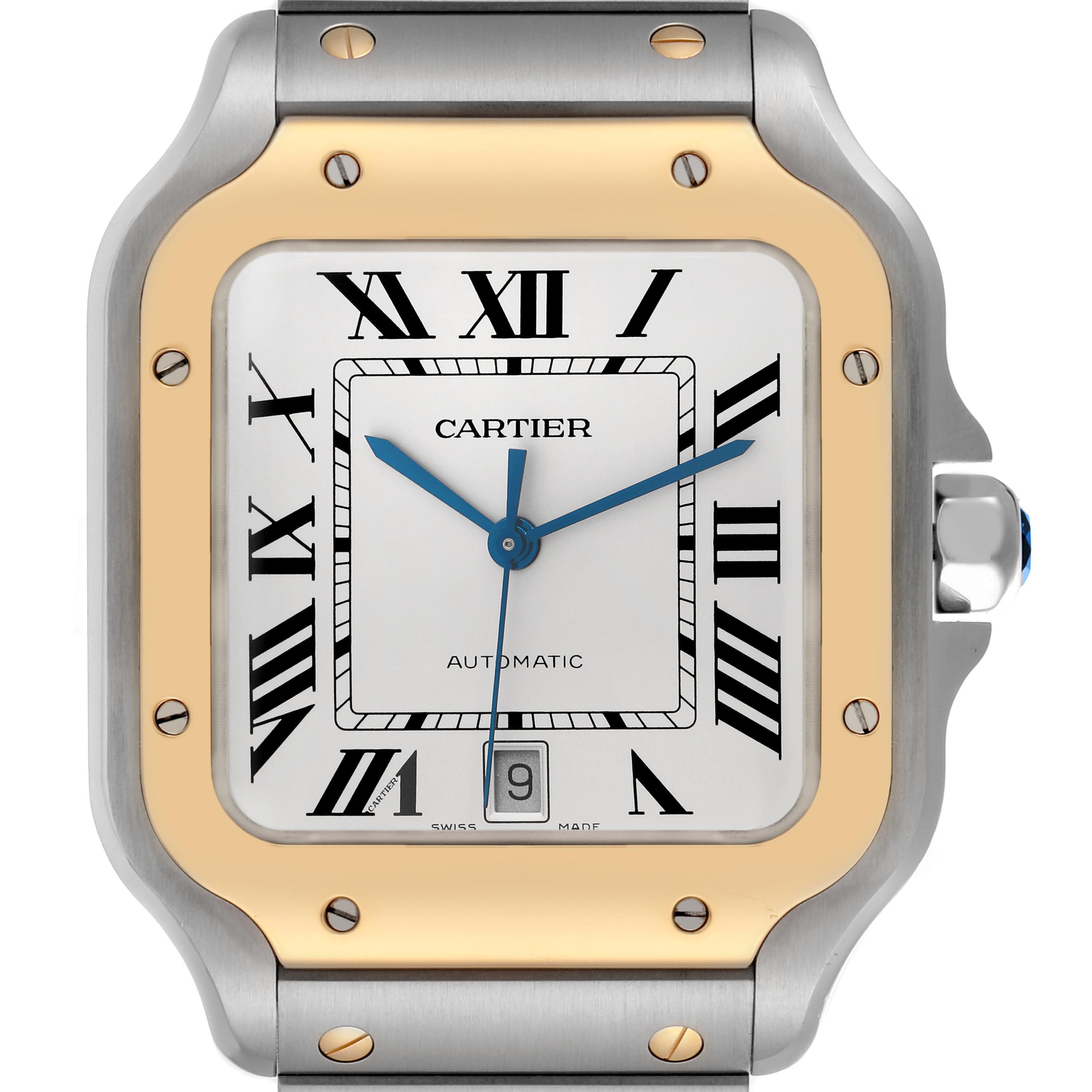 The Cartier Santos W2SA0009 Men's Steel and Gold (two tone) Silver Dial W2SA0009 Men's Steel and Gold (two tone) Silver Dial watch is shown from a top-down angle, displaying the face, bezel, and part of the bracelet.