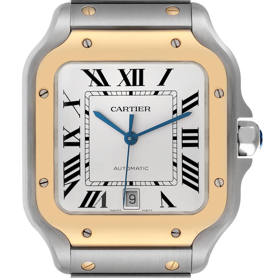 The Cartier Santos watch is shown from a top-down angle, displaying the face, bezel, and part of the bracelet.