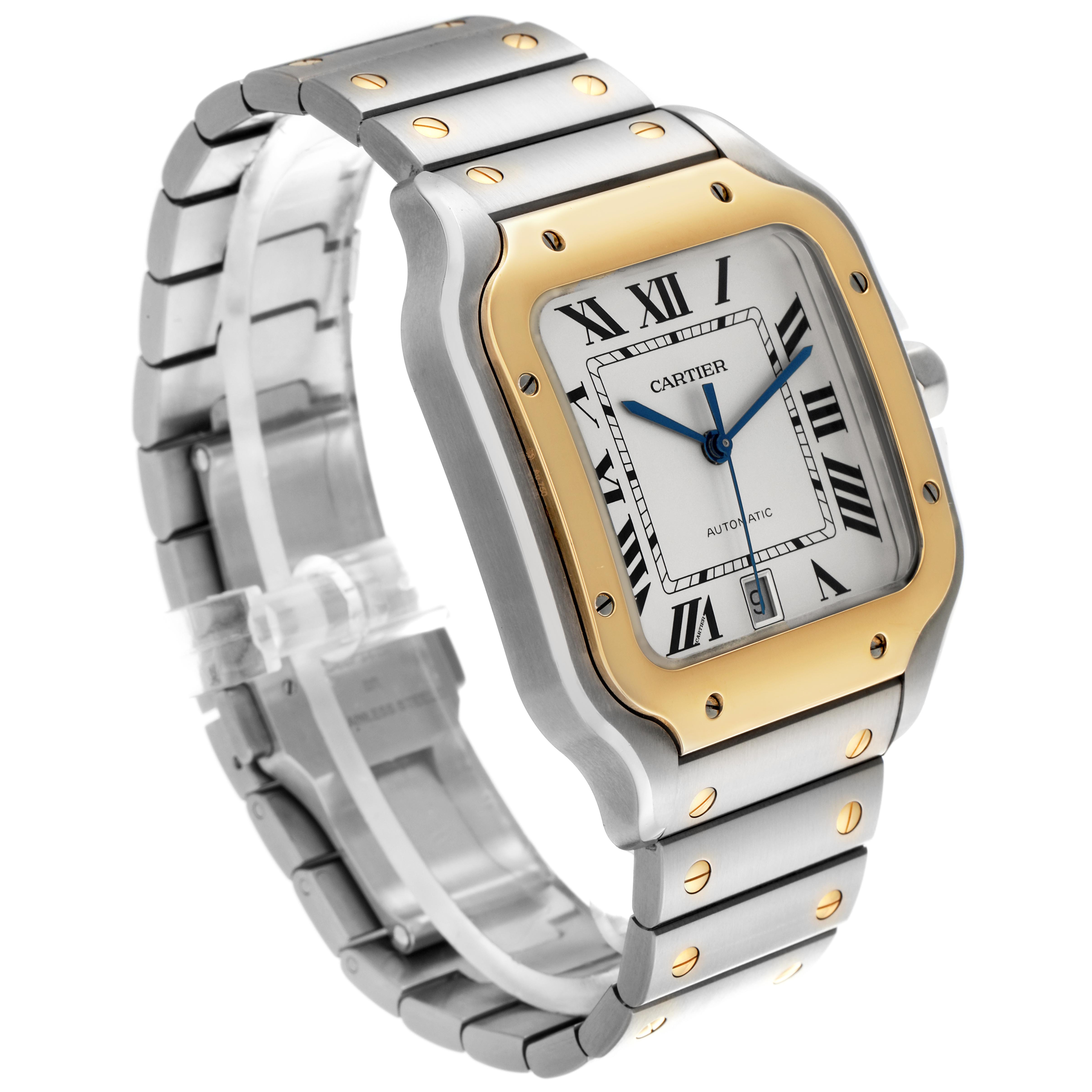 The Cartier Santos W2SA0009 Men's Steel and Gold (two tone) Silver Dial W2SA0009 Men's Steel and Gold (two tone) Silver Dial watch is shown at a three-quarter angle, highlighting the bezel, bracelet, and dial with Roman numerals.
