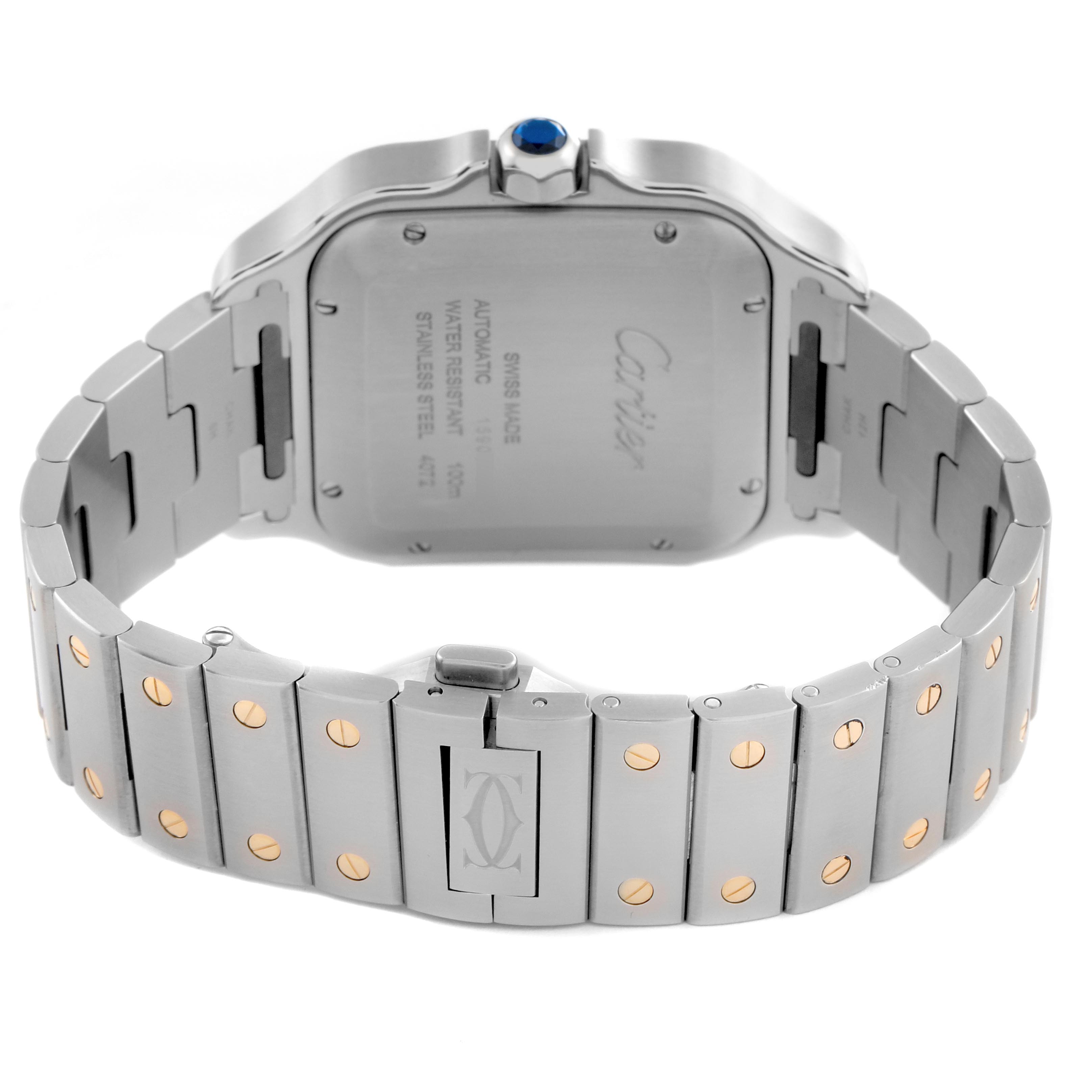 The image shows the back of the Cartier Santos W2SA0009 Men's Steel and Gold (two tone) Silver Dial W2SA0009 Men's Steel and Gold (two tone) Silver Dial watch, featuring its case back, crown, and metal bracelet with visible screws.