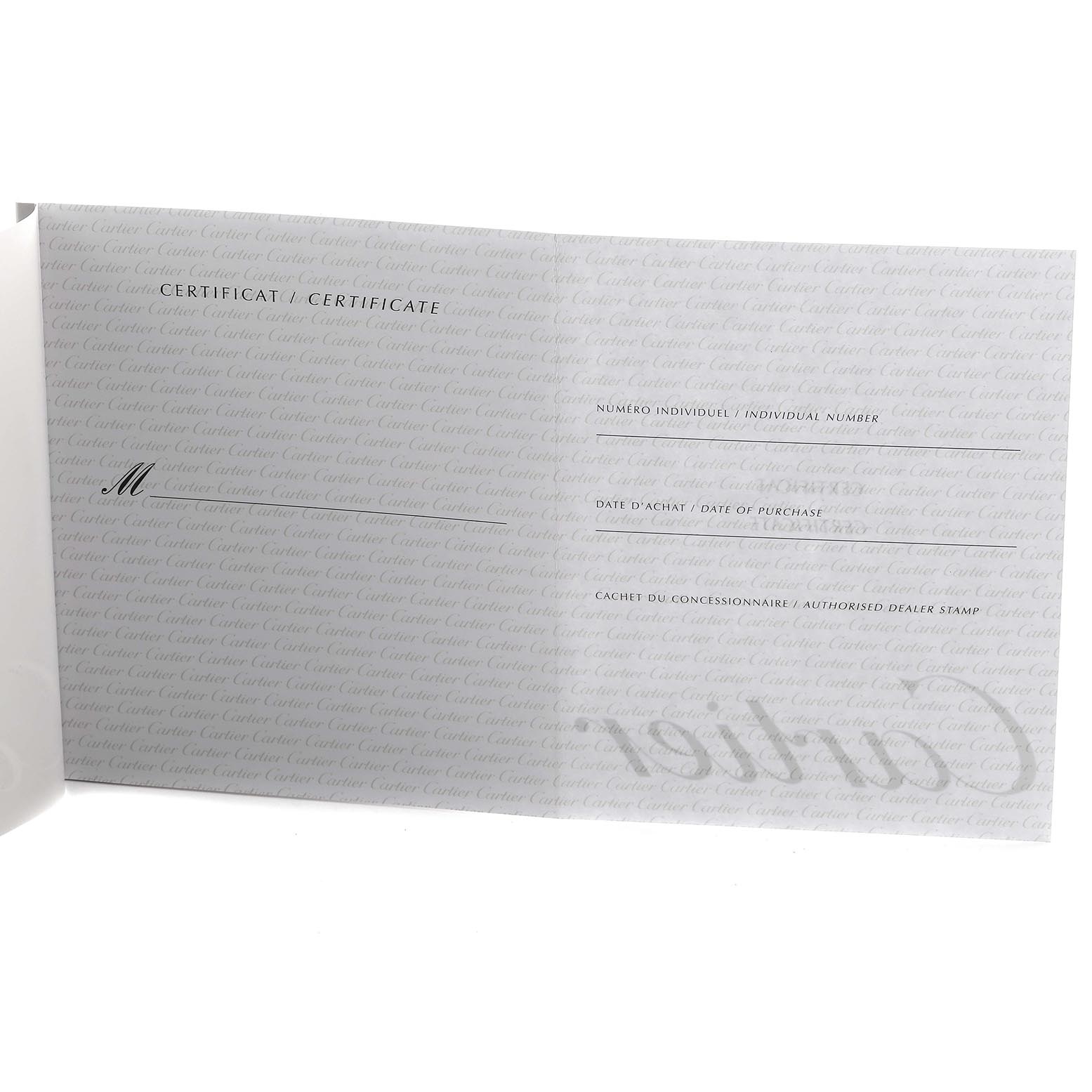 The image shows an open Cartier Santos W2SA0009 Men's Steel and Gold (two tone) Silver Dial W2SA0009 Men's Steel and Gold (two tone) Silver Dial certificate with brand logos and spaces for individual details.