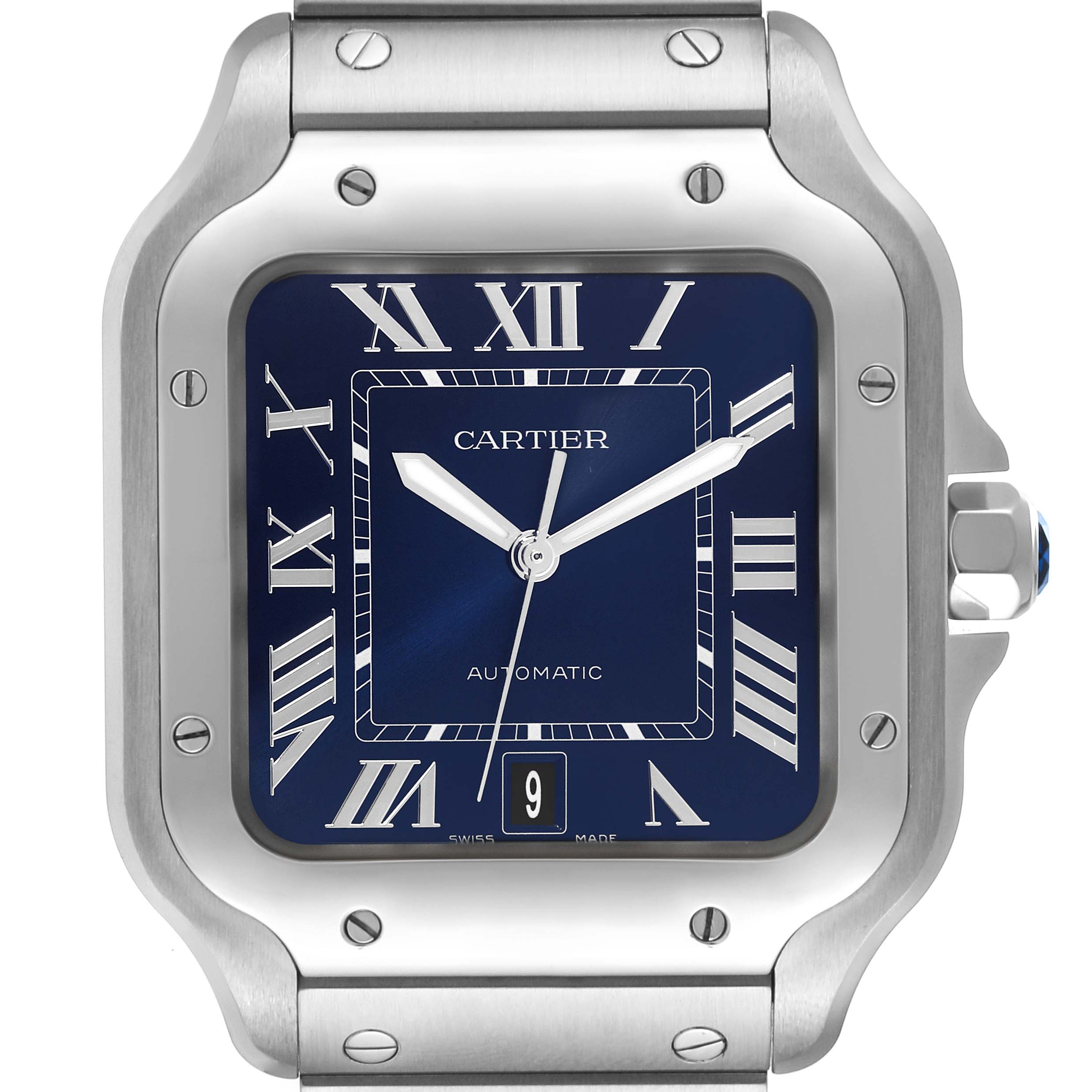 The image shows a close-up, front-facing view of the dial and bezel of the Cartier Santos WSSA0030 Men's Stainless Steel Blue Dial WSSA0030 Men's Stainless Steel Blue Dial watch.