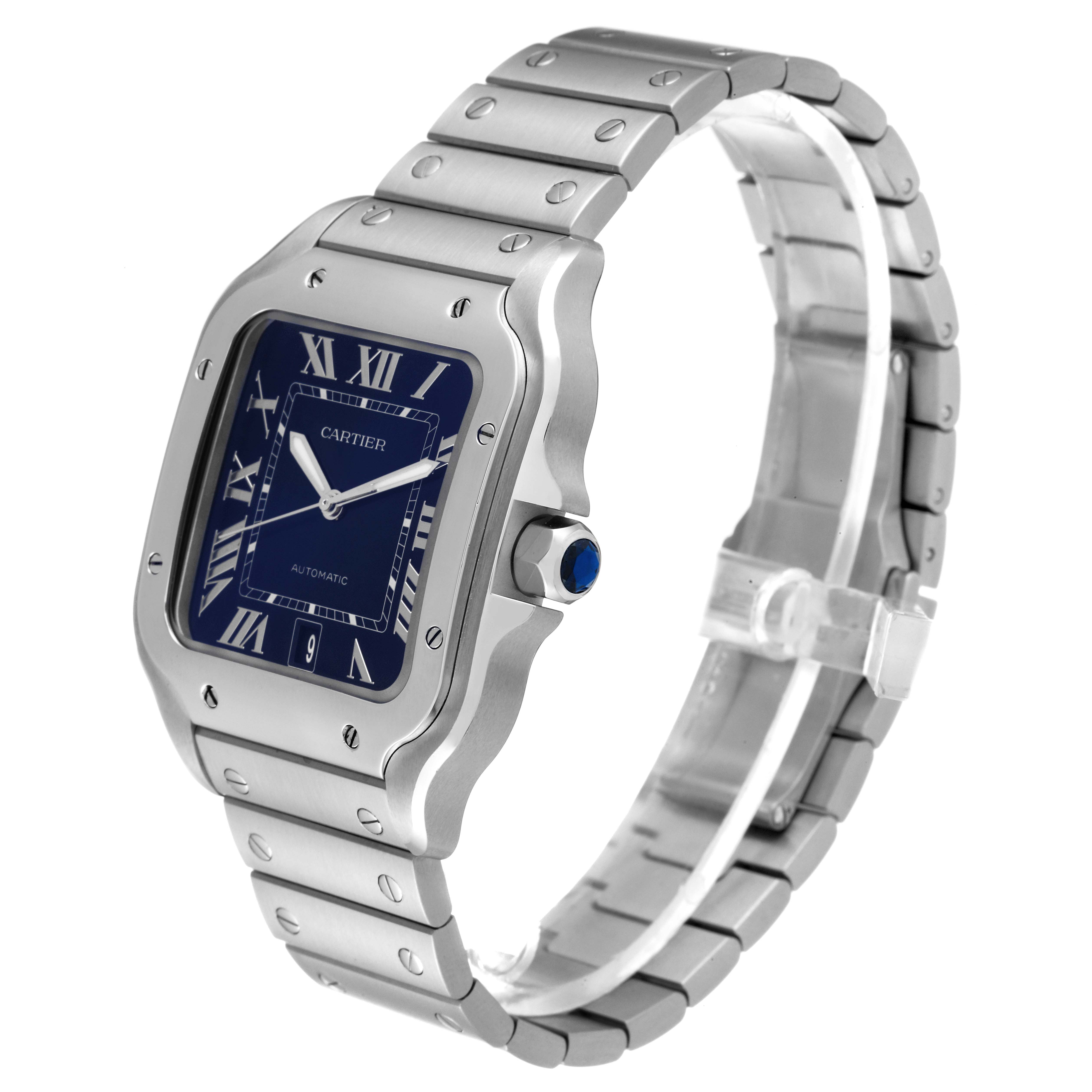 This image shows a side-angled view of the Cartier Santos WSSA0030 Men's Stainless Steel Blue Dial WSSA0030 Men's Stainless Steel Blue Dial watch, highlighting the face, bezel, crown, and metal bracelet.
