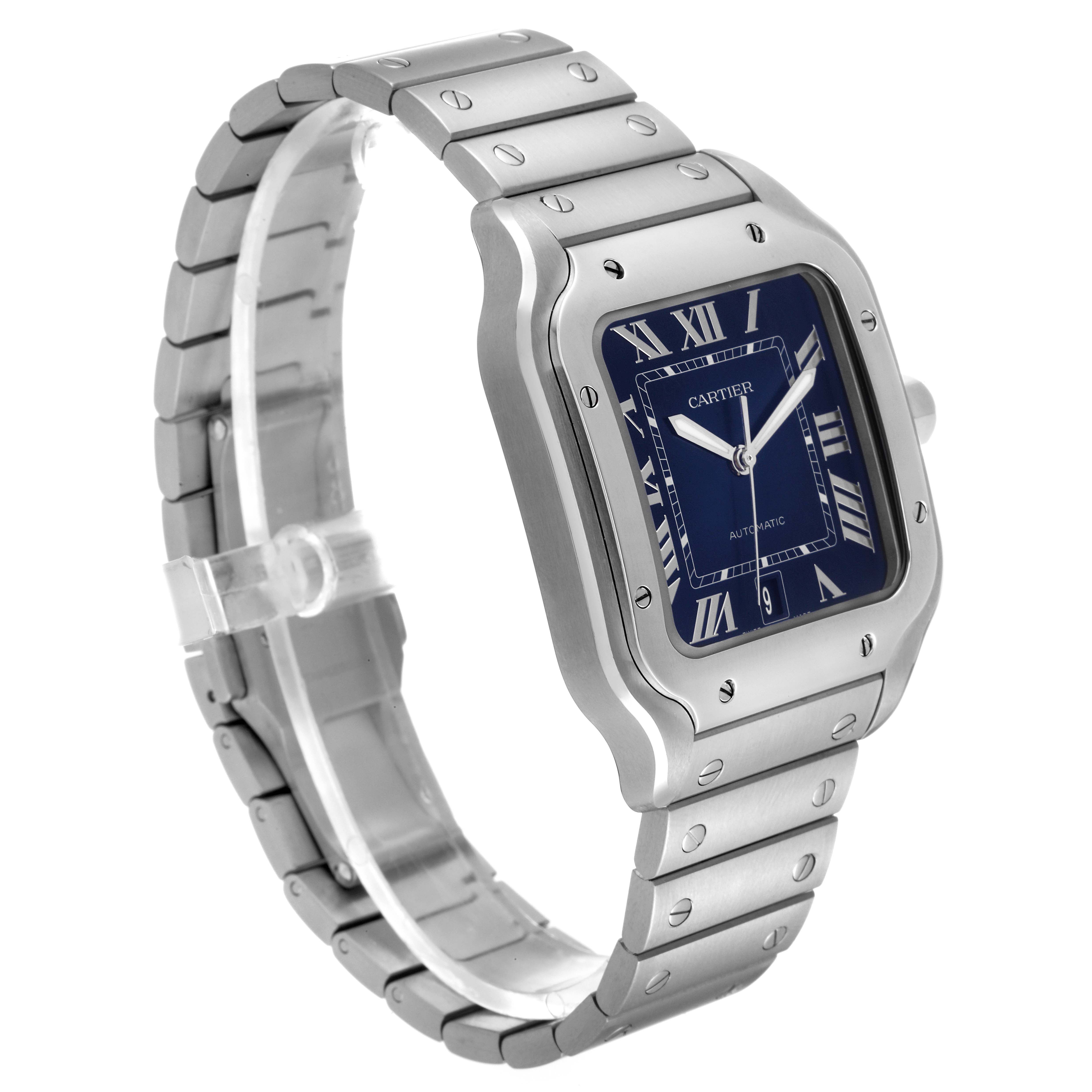 The image shows a side angle of the Cartier Santos WSSA0030 Men's Stainless Steel Blue Dial WSSA0030 Men's Stainless Steel Blue Dial watch, showcasing its stainless steel case, blue dial, and bracelet.