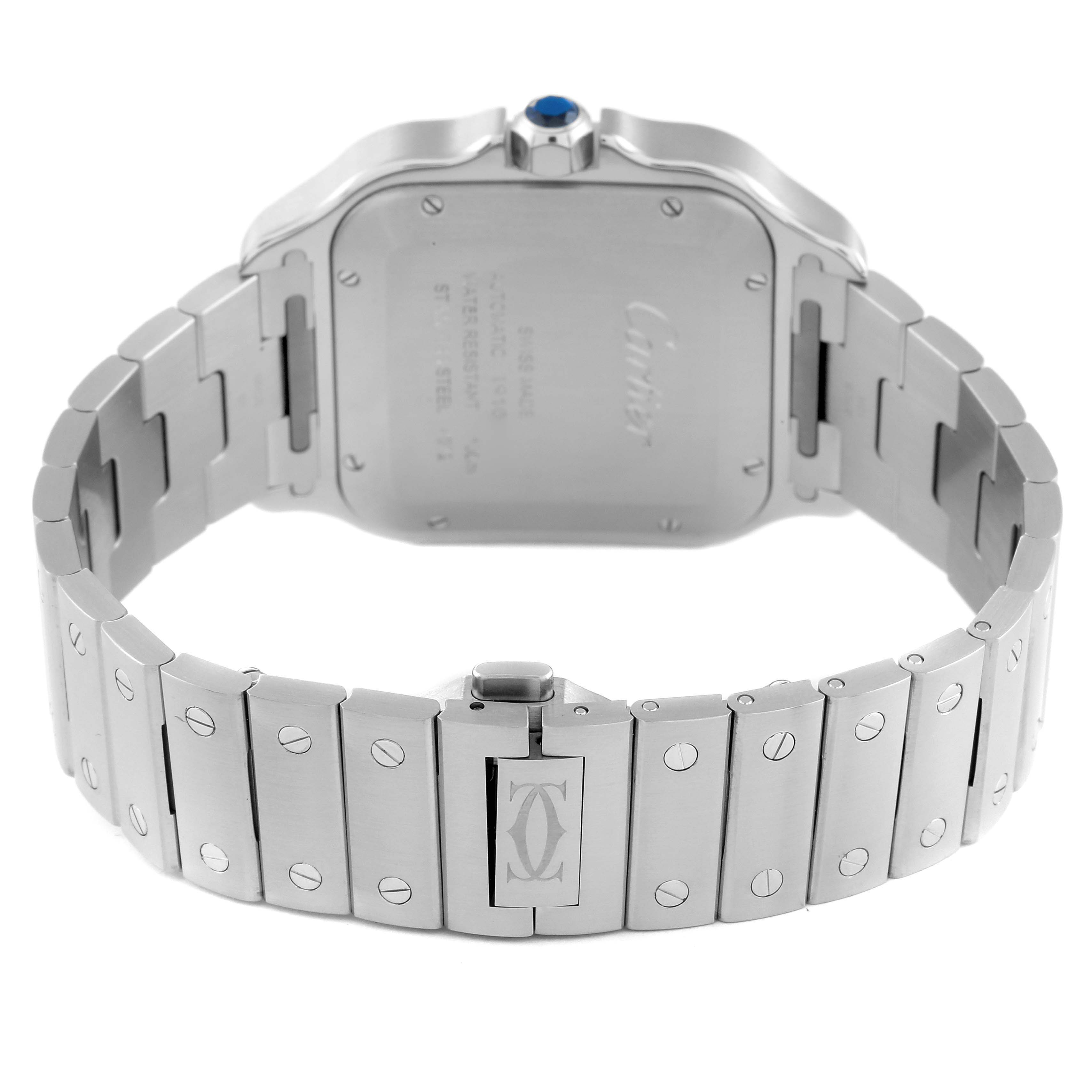 This image shows the back and bracelet of a Santos model by Cartier, highlighting the clasp and case back engravings.