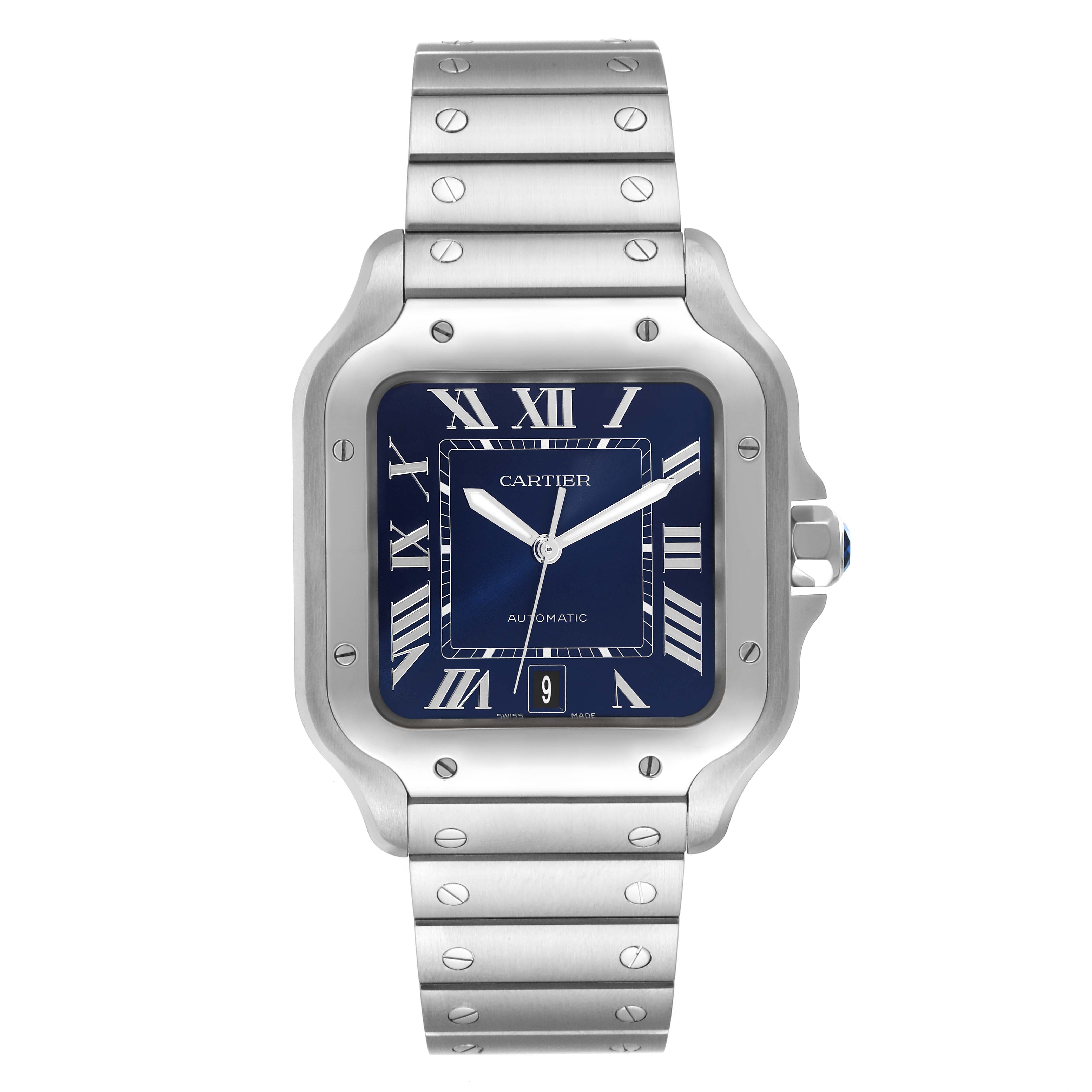 This image shows a frontal view of a Cartier Santos WSSA0030 Men's Stainless Steel Blue Dial WSSA0030 Men's Stainless Steel Blue Dial watch, highlighting its square face, blue dial, Roman numerals, and metal bracelet.