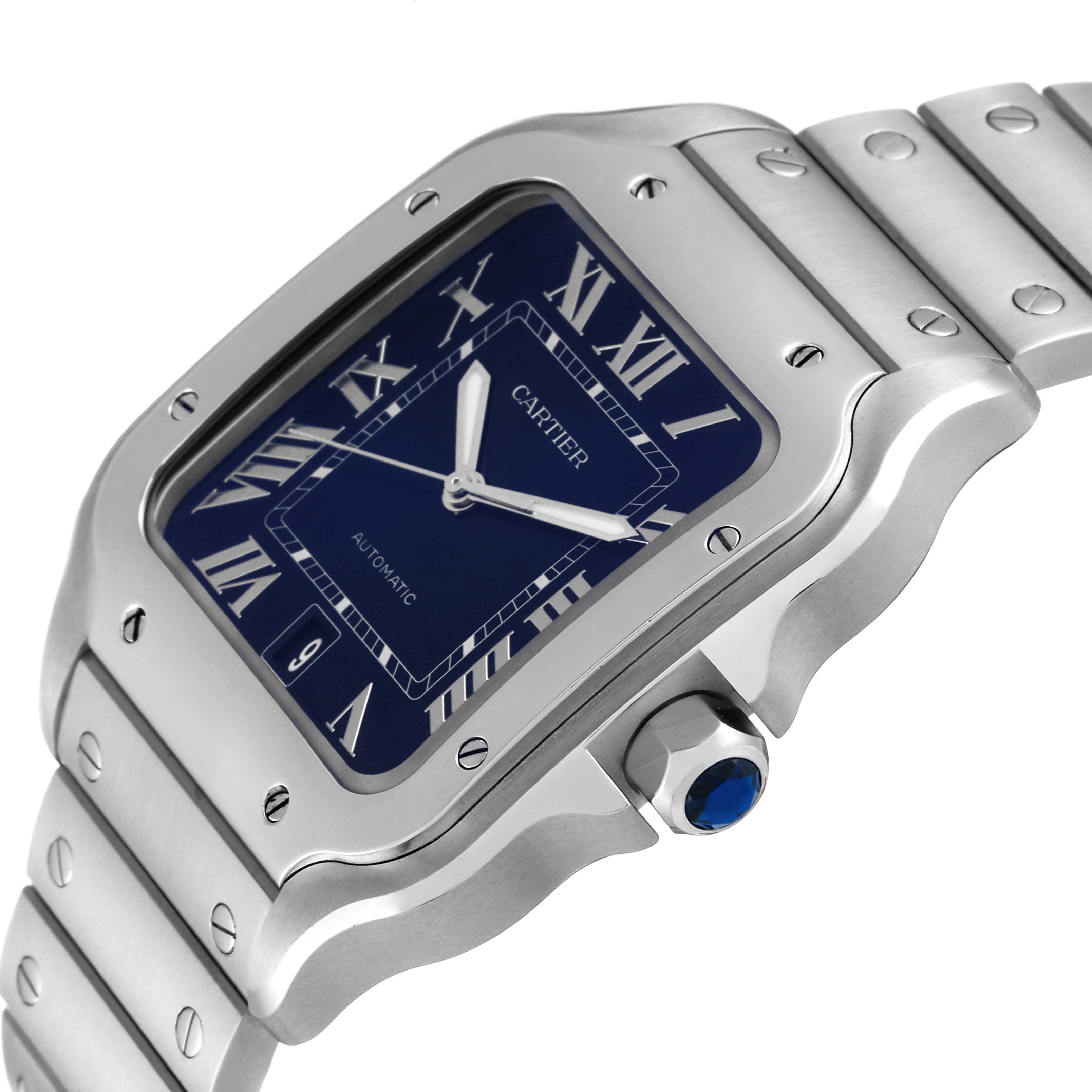 The Cartier Santos WSSA0030 Men's Stainless Steel Blue Dial WSSA0030 Men's Stainless Steel Blue Dial watch is shown at an angle highlighting its blue dial, Roman numerals, stainless steel case, crown, and bracelet.