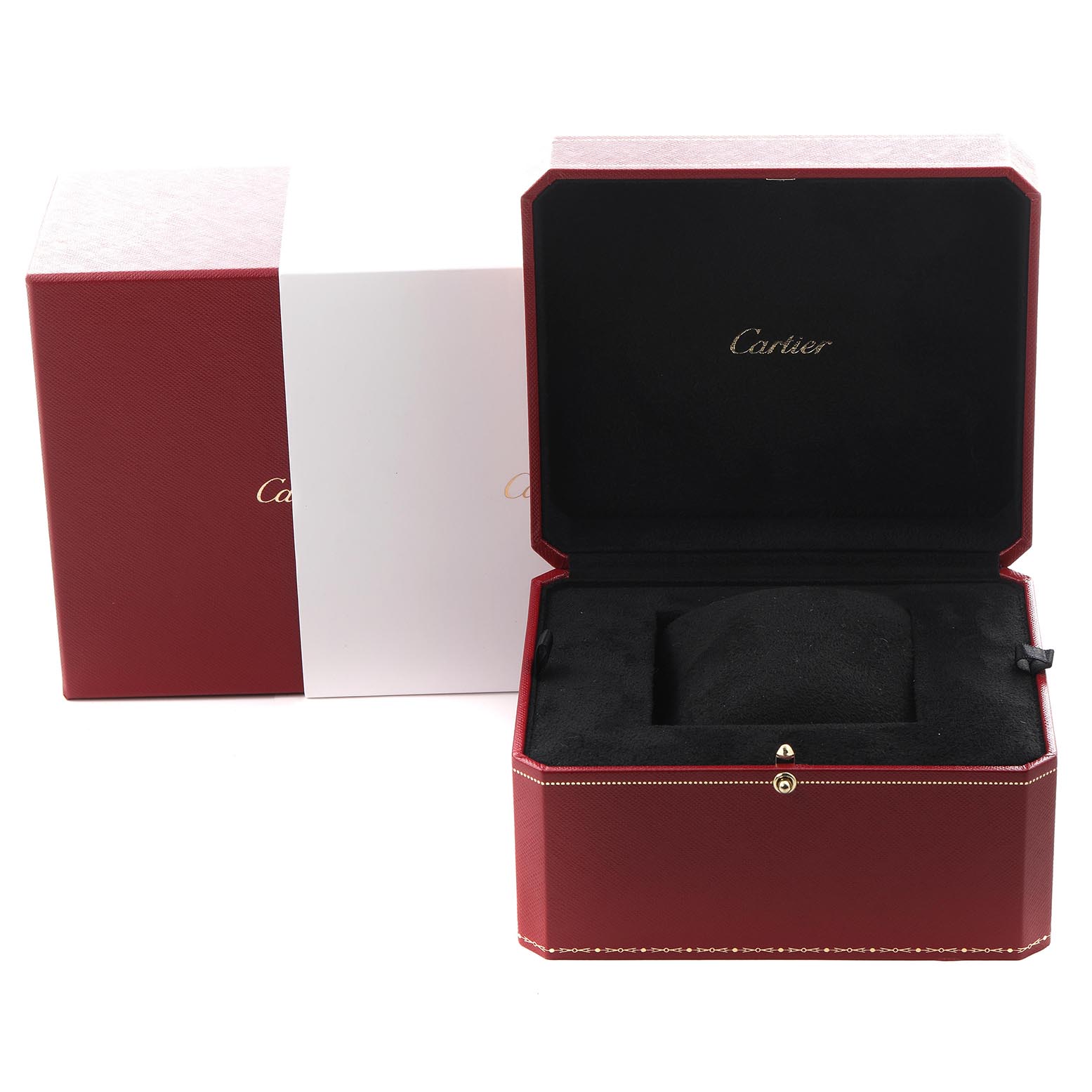 The image shows the open Cartier Tank Francaise W4TA0009 Women
s Stainless Steel Silver Dial W4TA0009 Women
s Stainless Steel Silver Dial watch box and outer packaging at a frontal angle.