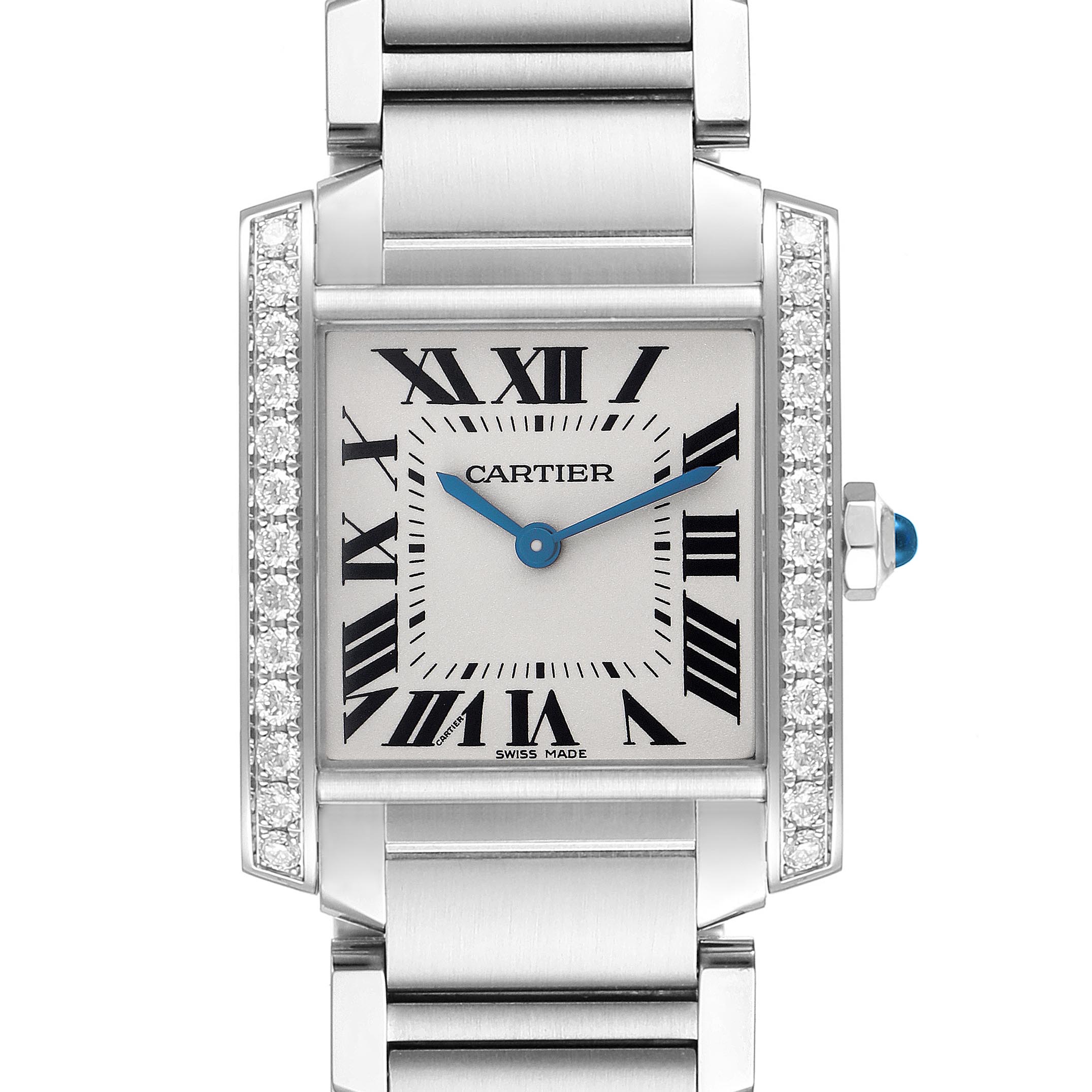 The Cartier Tank Française watch is shown from a front angle, highlighting its rectangular face, Roman numerals, and bracelet.