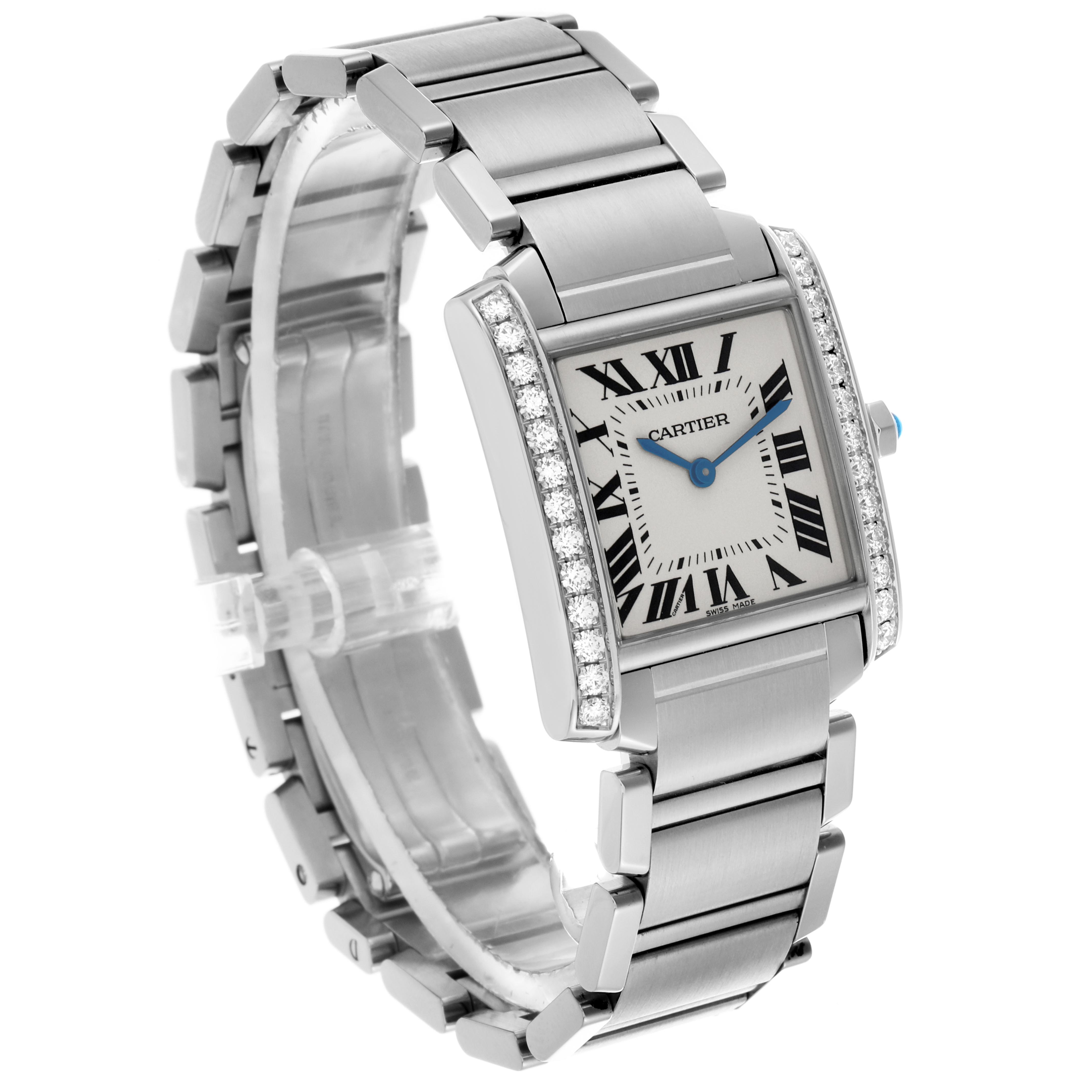 The Cartier Tank Francaise W4TA0009 Women
s Stainless Steel Silver Dial W4TA0009 Women
s Stainless Steel Silver Dial watch is shown at a three-quarter angle, highlighting its bracelet, dial, and diamond accents.