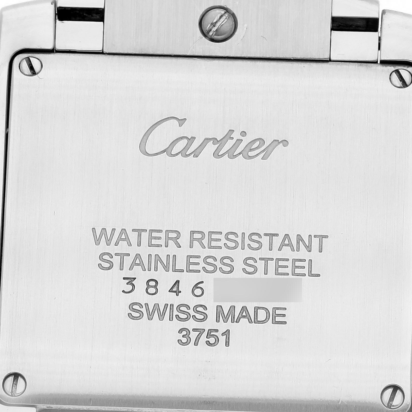 The image shows the back of a Cartier Tank Francaise W4TA0009 Women
s Stainless Steel Silver Dial W4TA0009 Women
s Stainless Steel Silver Dial watch, highlighting branding and specifications.