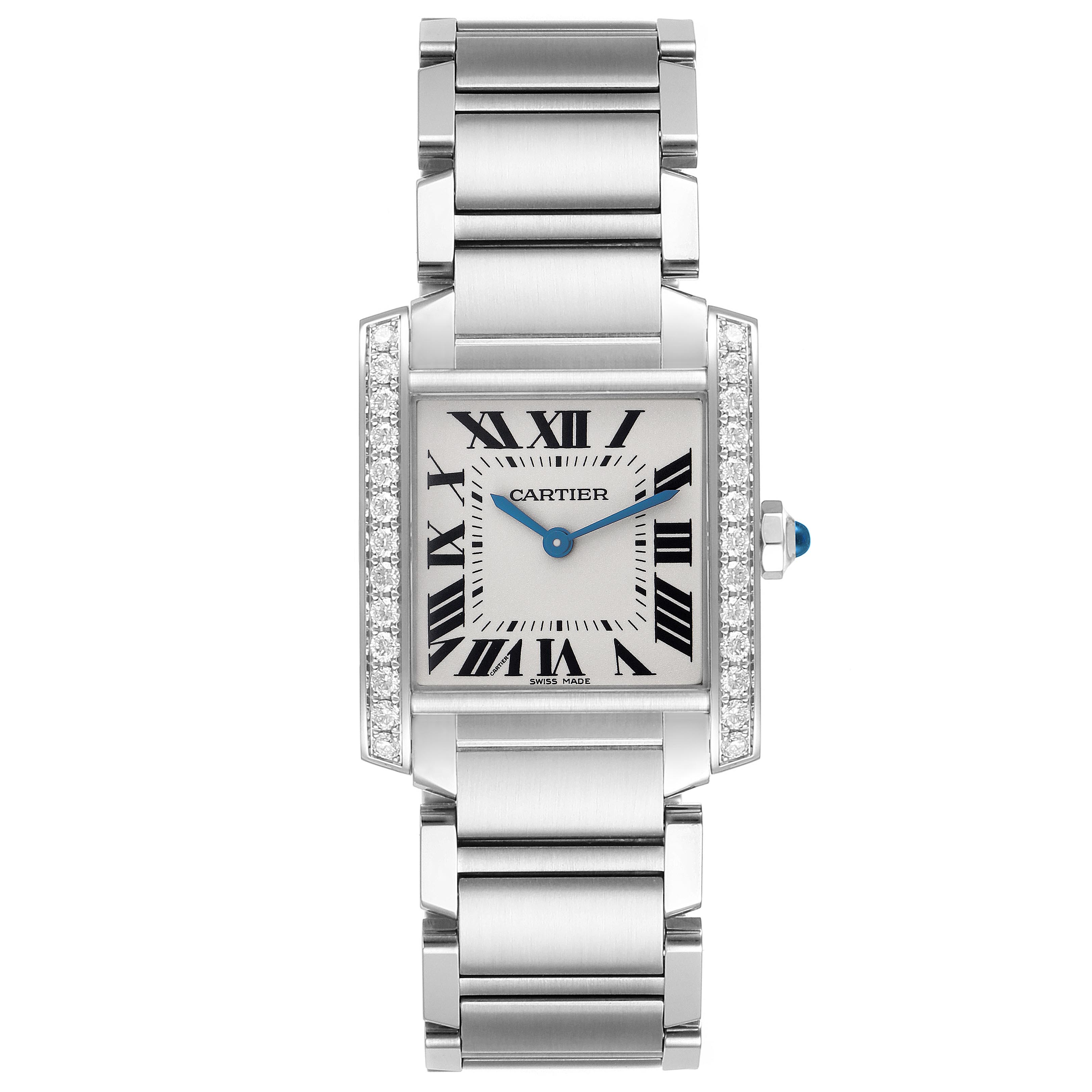 The Cartier Tank Francaise W4TA0009 Women
s Stainless Steel Silver Dial W4TA0009 Women
s Stainless Steel Silver Dial watch is shown from the front, displaying the face, bracelet, and diamond-set bezel.